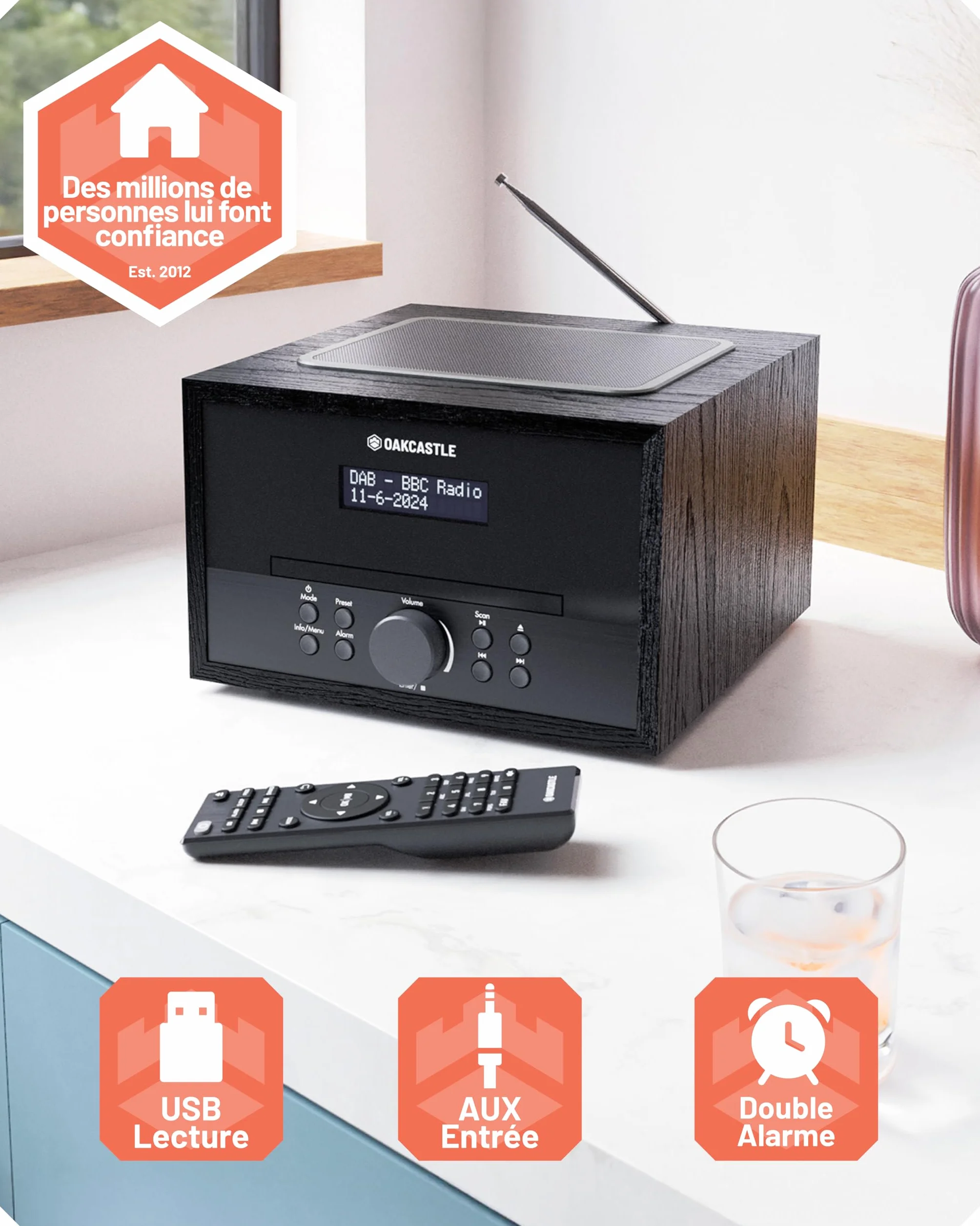 Mini Chaîne HiFi CD Radio Dab+ | Lecteur CD Bluetooth avec Haut-parleurs 40W | Radio Réveil avec Double Alarme, 99 Stations | USB, AUX, MP3 | Télécommande Incluse | Oakcastle DAB400
