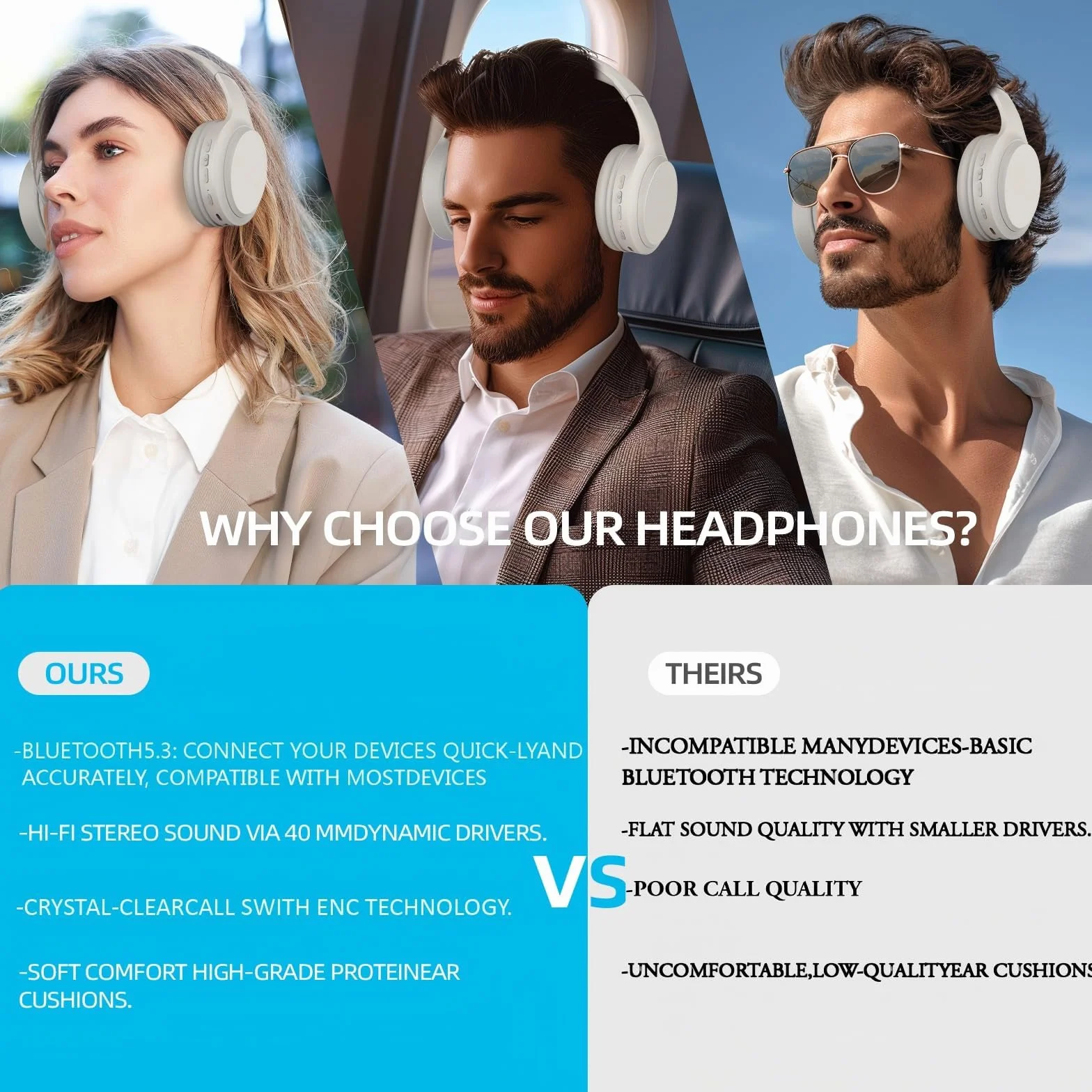 5.3 Casque sans fil Bluetooth avec microphone intégré, autonomie de 82 heures, prise en charge de l'audio haute résolution, coussinets confortables, pliables et respirants, compatible avec les télépho