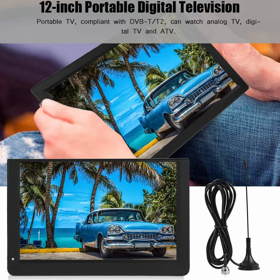 TV Portable 12 Pouces, Télévision Numérique T/T2 1080P 16: 9 avec 2 Haut-Parleurs pour Chambre à Coucher,Cuisine,Caravane,Voiture-Support Antenne/VGA/AV/Casque/HDMI/USB,Carte SD/MMC