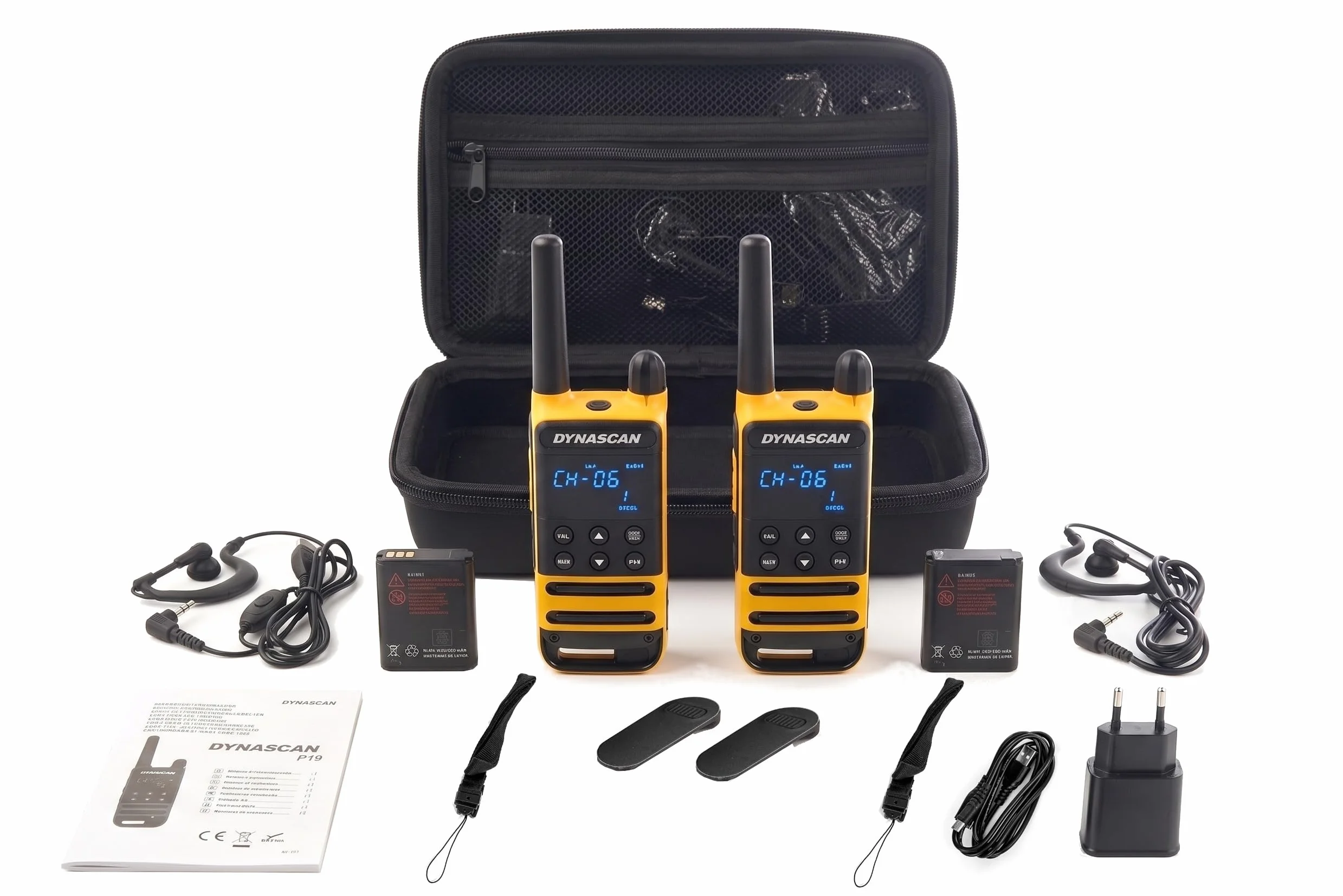 Dynascan P19 Pack de 2 Talkies-Walkies PMR446 avec Mallette de Transport et Oreillettes – Usage Libre, IP54, Portée 10km, Écran LED Invisible, Alerte Vibration