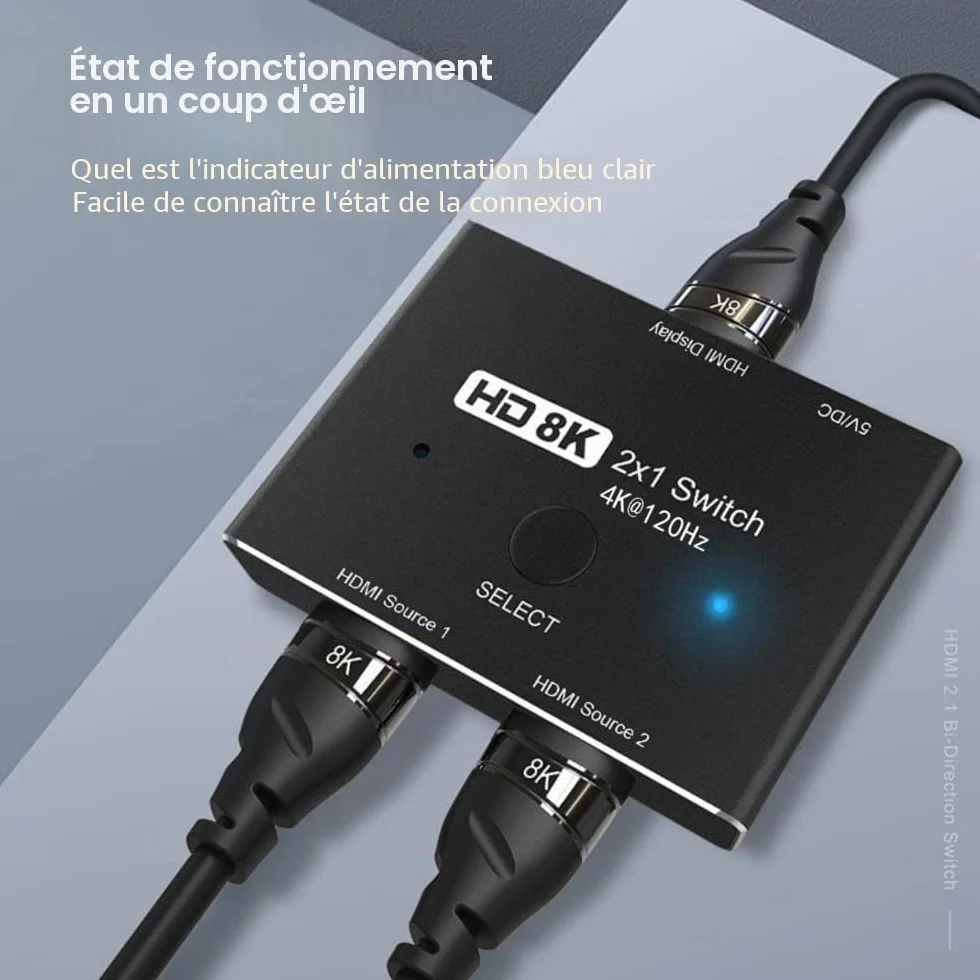 Directionnel HDMI 2.1 Switcher Commutateur Ultra HD 8K Haute Vitesse 48Gbps 2in 1out 8K@60Hz 4K@120Hz Convertisseur Séparateur Compatible avec Les Moniteurs PS5