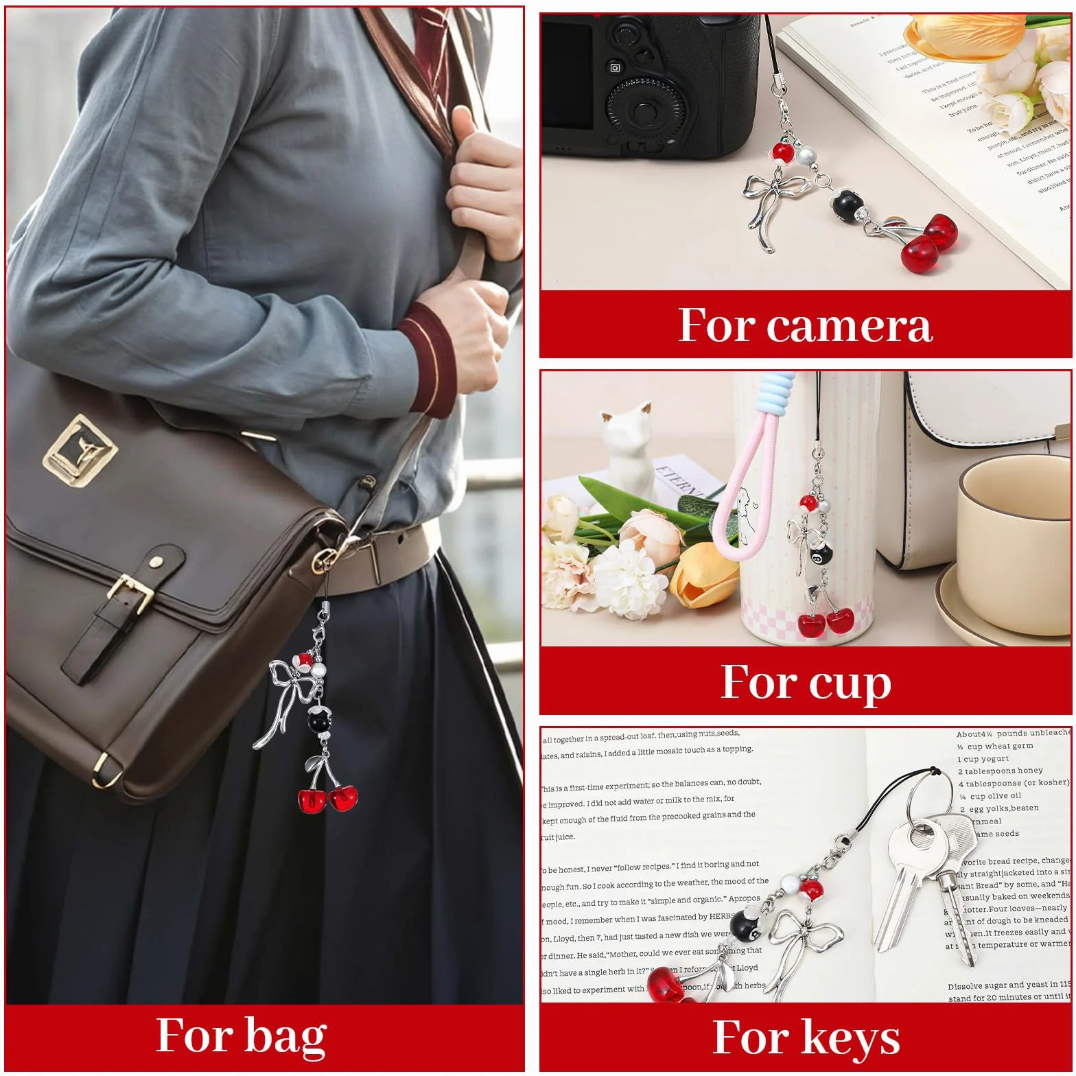Lot de 2 breloques en forme de cerise pour téléphone portable, jolies breloques kawaii en métal rouge pour téléphone portable, accessoires esthétiques, chaîne Y2K pour décoration de sac et