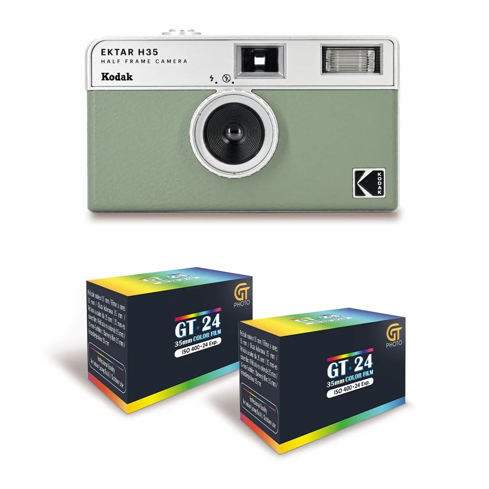 KODAK EKTAR H35 - Caméra Vidéo Demi-Format 35mm Réutilisable, sans Mise au Point, Légère, Facile à Utiliser - Vert Sauge + 2 Pellicules 35mm Couleur 24 Expositions