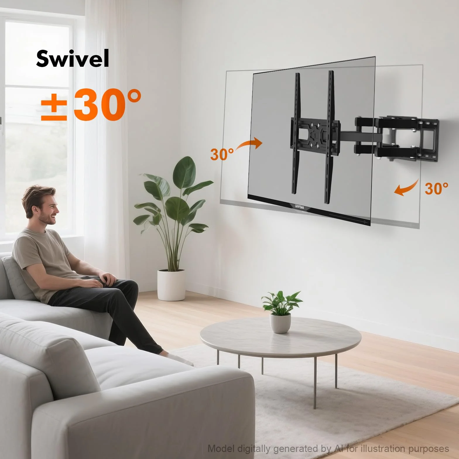 GRIFEMA GB1006-4 Support Mural TV 26-65 Pouces, Fixation Murale TV Contenir Jusqu'à 35KG, Accroche Television Mural Orientable,Inclinable et Extensible, Max Vesa 400x400mm pour Plat/Incurvé