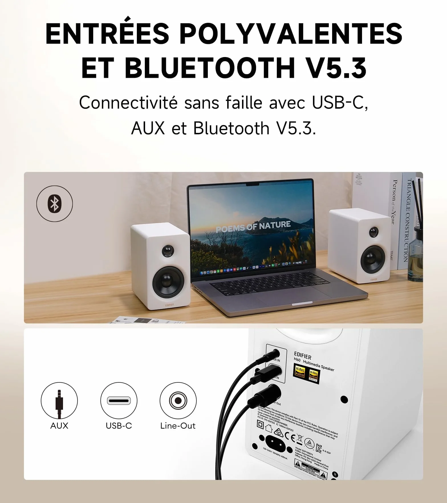 Edifier M60 2.0 Haut-parleurs Bibliotheques Bluetooth 5.3 66W RMS Audio Hi-Res LDAC Basses 3" Tweeter 1" USB-C AUX Blanc