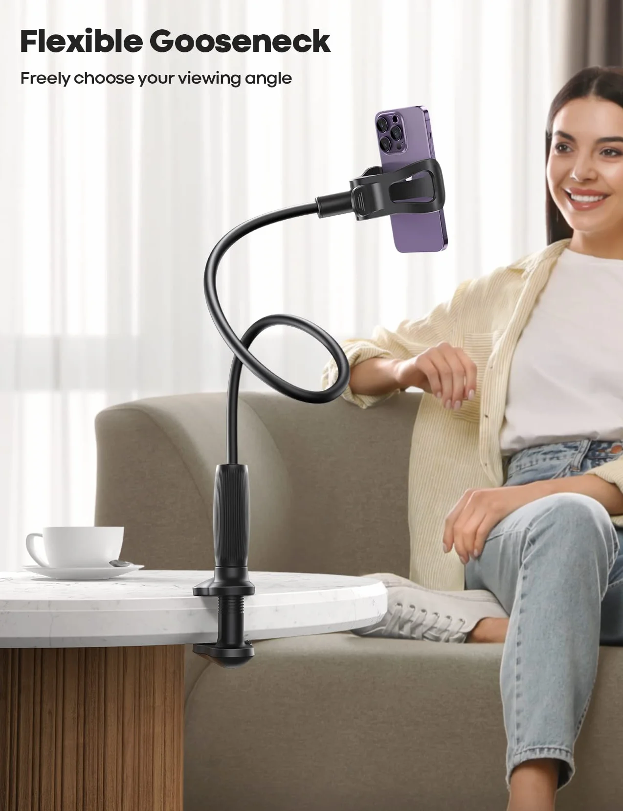 Lamicall Support Téléphone avec Col de Cygne, [80mm Base Clip] Rotation à 360°, avec Bras Flexible, Support Téléphone Lit pour iPhone 17/16/15/14/13/12/11 Series, Samsung, Autres Smartphones 4-7”