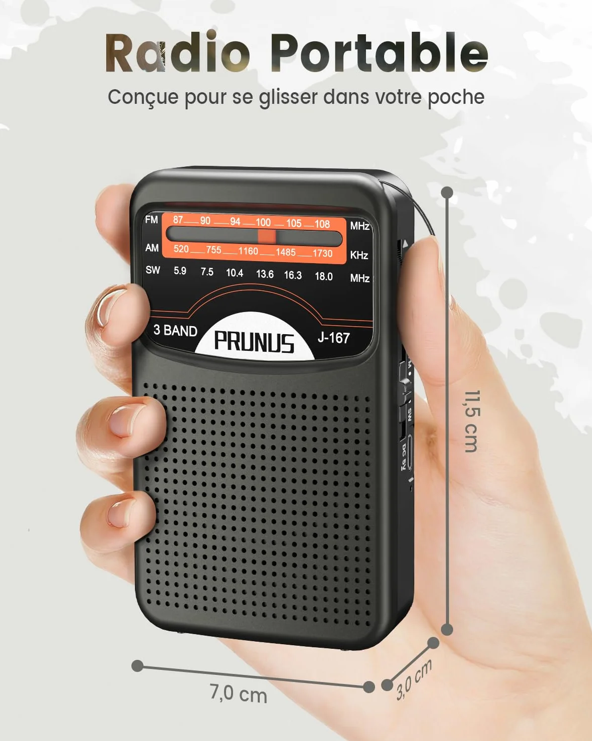 PRUNUS J-167 Petite Radio Portable FM Rechargeable USB-C