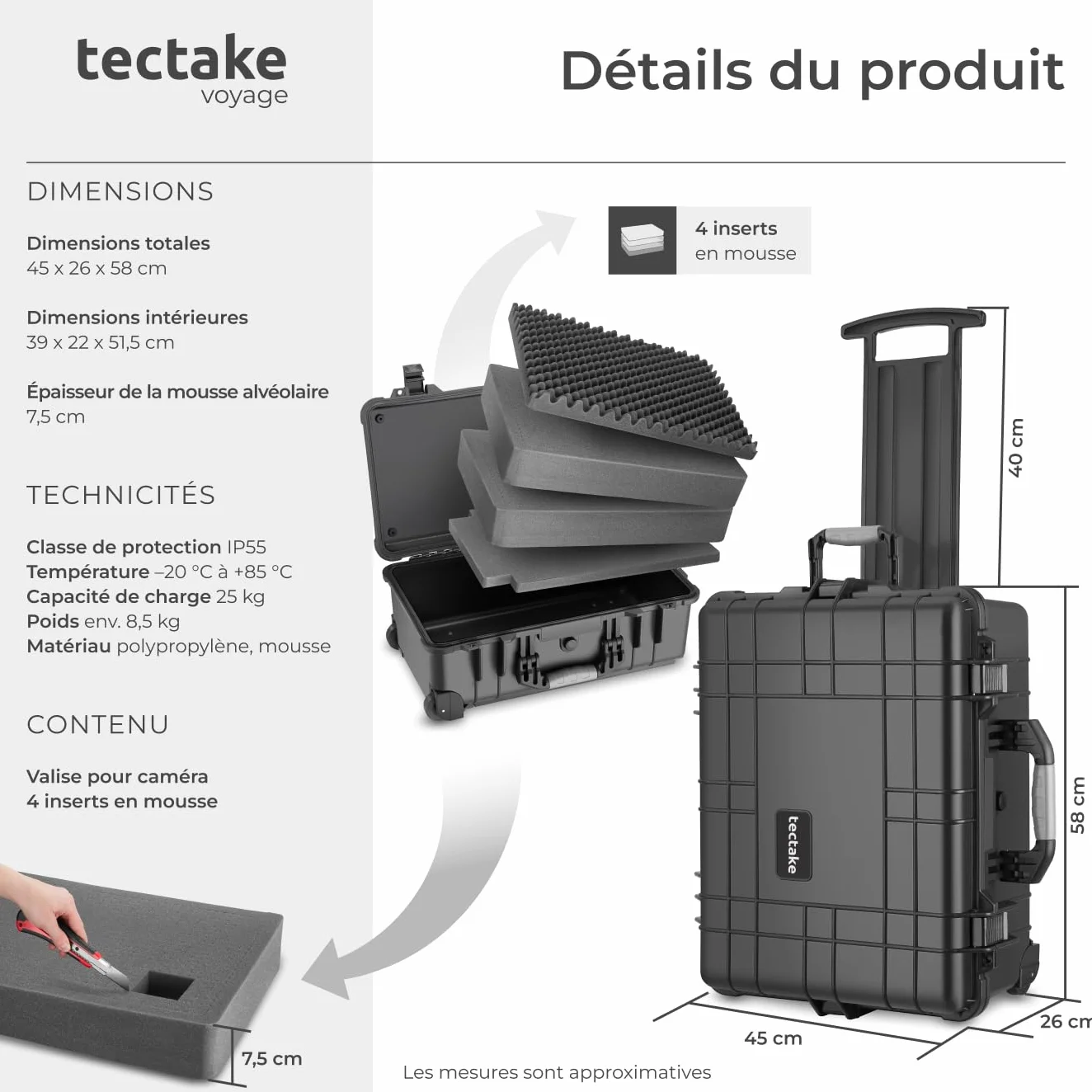 tectake® Valise à roulettes avec Protection en Mousse pour Appareil Photo, caméra & Accessoires ou Outils, Boite étanche, avec œillets pour Cadenas, Résistante aux Chocs, poussière & Eau