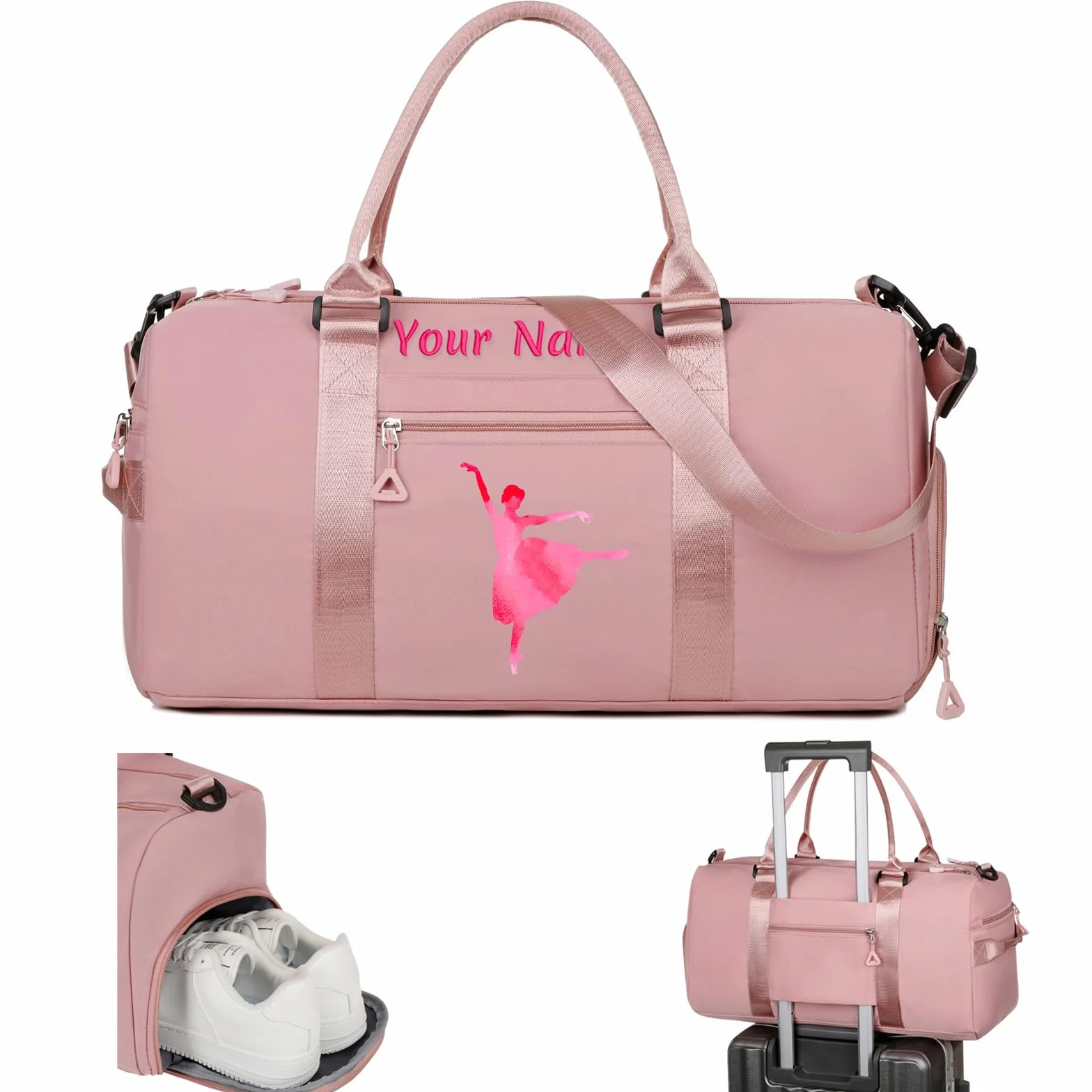 Sac de Sport Brodé Personnalisé avec Bretelles, Poches Humides et Sèches et Compartiment à Chaussures - Rose