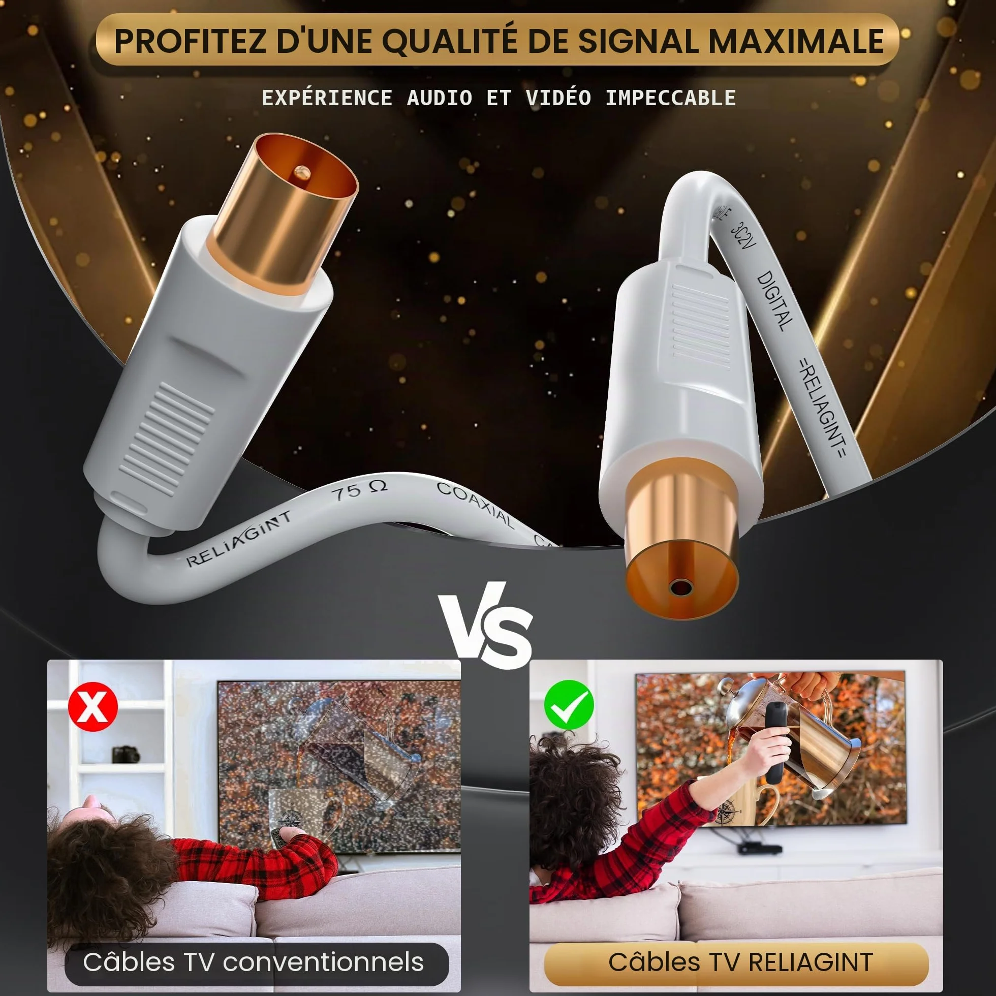 RL Flex Câble antenne TV coaxial 1m, rallonge mâle/femelle 75 Ohm, conducteur en cuivre pur, pour TNT, TV câble et satellite (DVB-T/T2/C/S/S2), Blanc