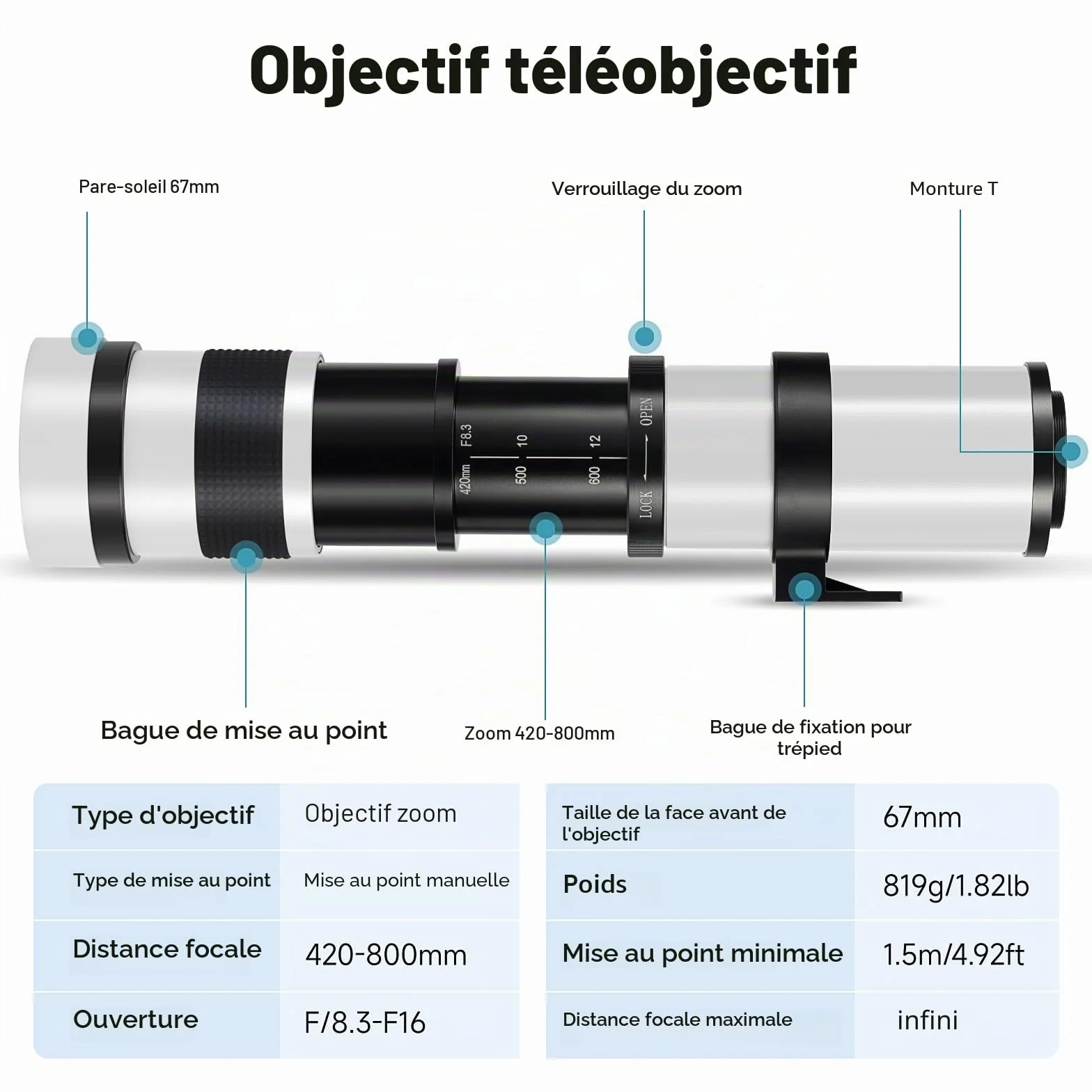 JINTU Téléobjectif 420-800mm EF Objectif Zoom Manuel pour Canon SLR Nikon