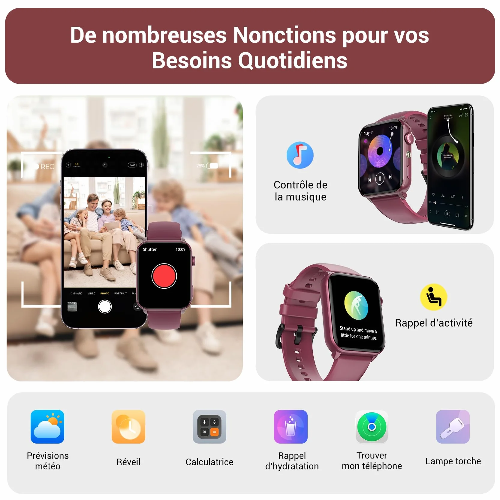 IOWODO Montre Connectée Femme, Appel Bluetooth, Écran 1.85" à LCD, Notifications Réseaux Sociaux, Cardiofréquence/Oxymètre/Analyse Sommeil, 100+ Modes Sports, pour Android& iOS(Violete)