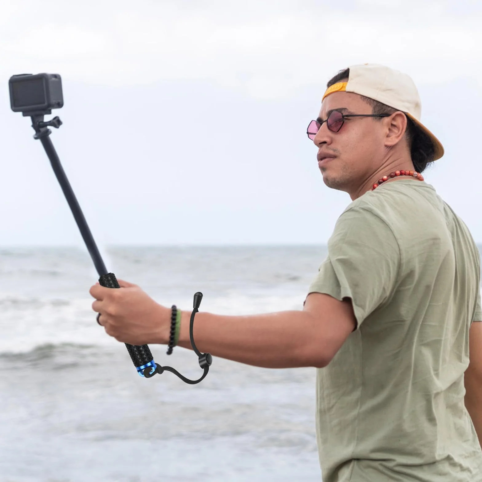 Etanche Action Caméra Grip Pôle, Réglable Monopode Bâton, Handle Anti-Glissant Perche à Selfie pour Sport, Longueur Extensible 19-49 cm (Vert, 19cm)