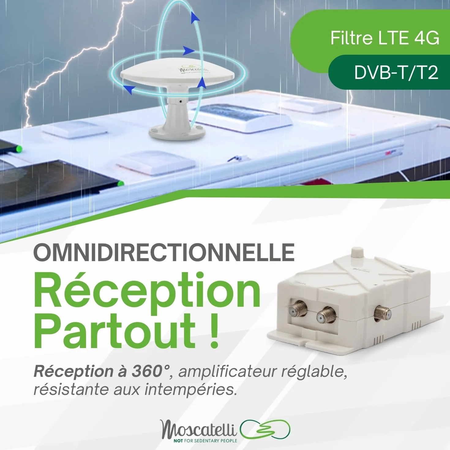 MOSCATELLI Antenne Omnidirectionnelle Terrestre TNT HD - DVB-T/T2 – Dab – 12/24/220 V – Kit Complet avec Câbles et Puissant Amplificateur pour Camping Car, Caravane, Fourgon, Camion, Bateau