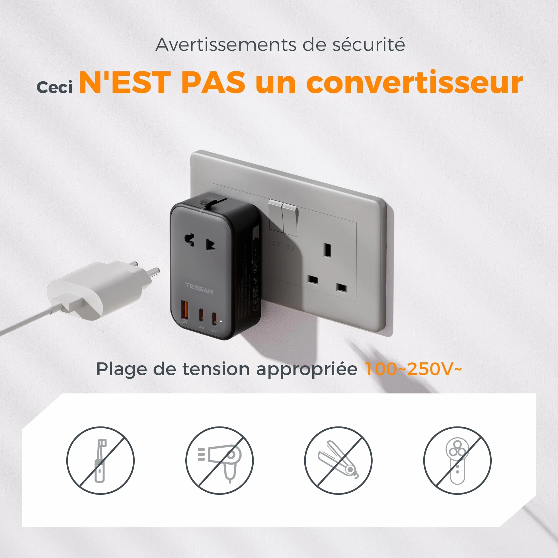 TESSAN Adaptateur Prise Universelle PD 20W, 2 USB C et 1 USB A, Voyage pour France USA Angleterre Australie Japon Chine Thaïlande