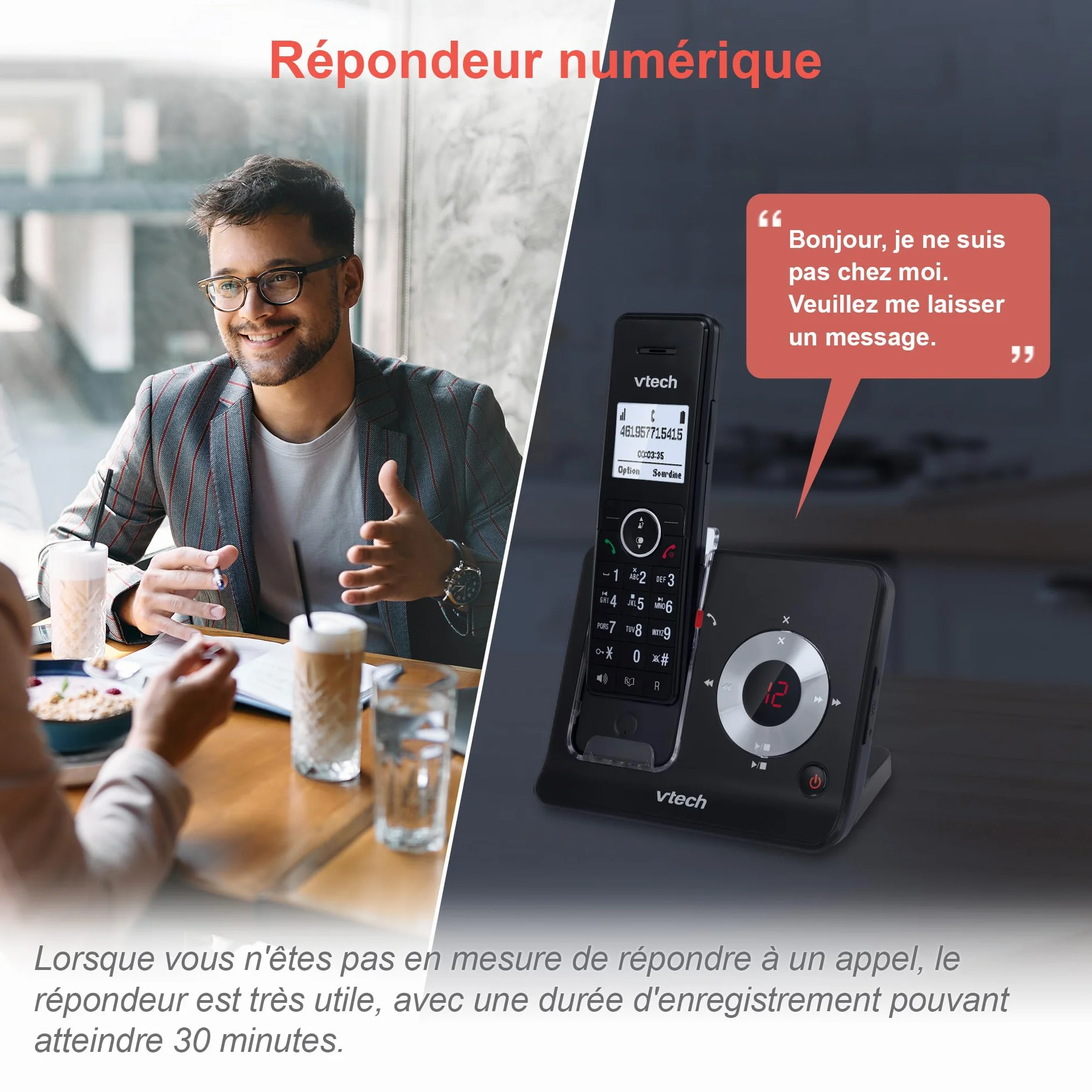 VTech MS3050 Téléphone Fixe sans Fil DECT avec Blocage d'appel, répondeur, Identification de l'appelant/Appel en Attente, amplificateur de Volume, Haut-Parleur Mains Libres, numérotation Rapide