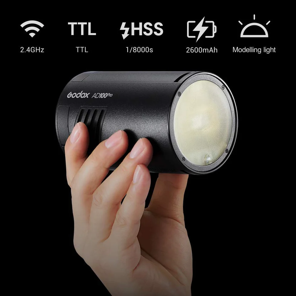 Godox AD100 Pro AD100Pro Flash tête Ronde avec Le kit AK-R1, 360 à Pleine Puissance, Recyclage 0,01s à 1,5 s, 1/8000 HSS, Soutien TTL/M/Multi-Fonctions, Batterie 2600mAh