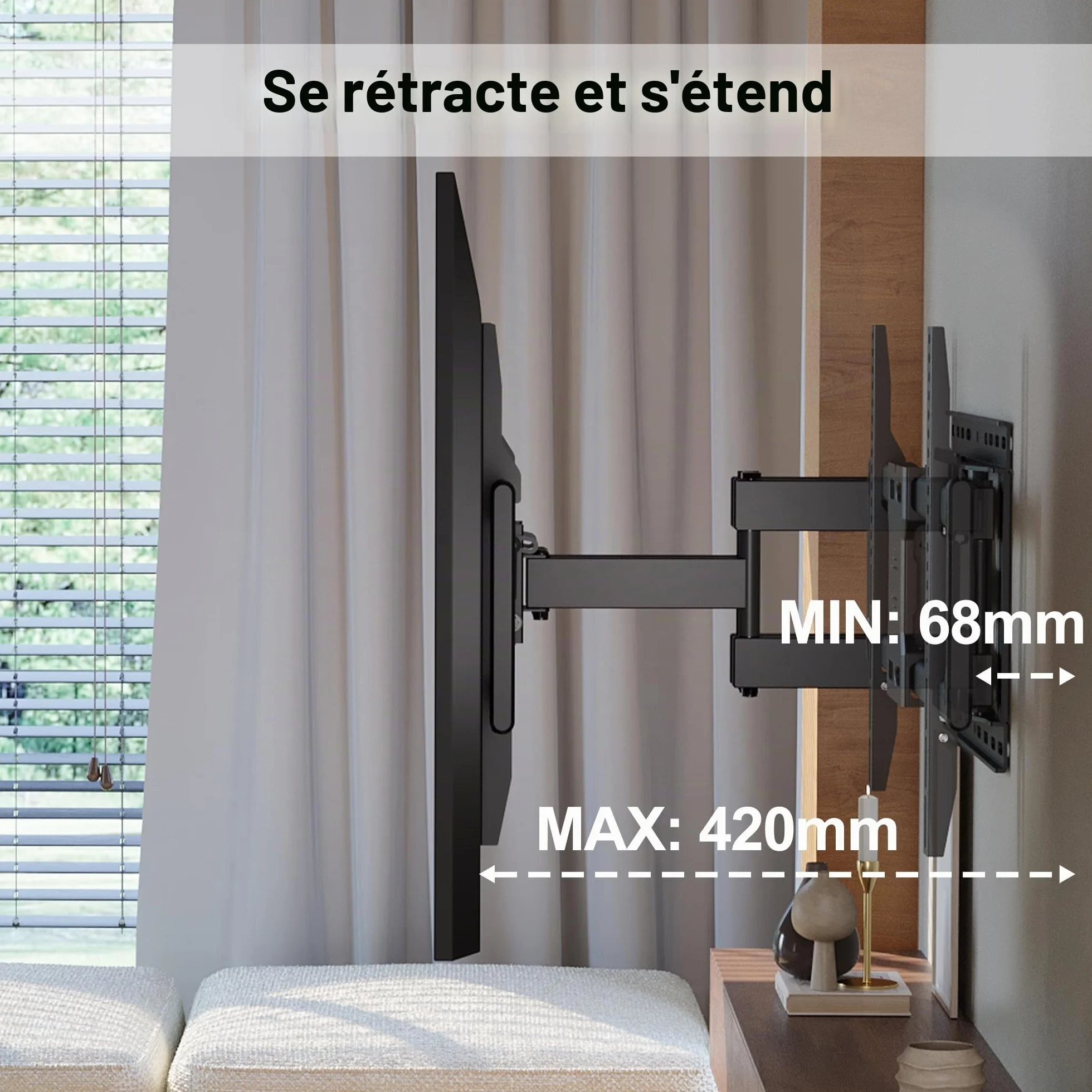 BONTEC Support TV Mural Articulé 37-85 Pouces, Support Mural TV Pivotant Inclinable, Bras Double 68-420mm, Jusqu’à 60kg, VESA 200x100-600x400, pour Écran Plat ou Incurvé