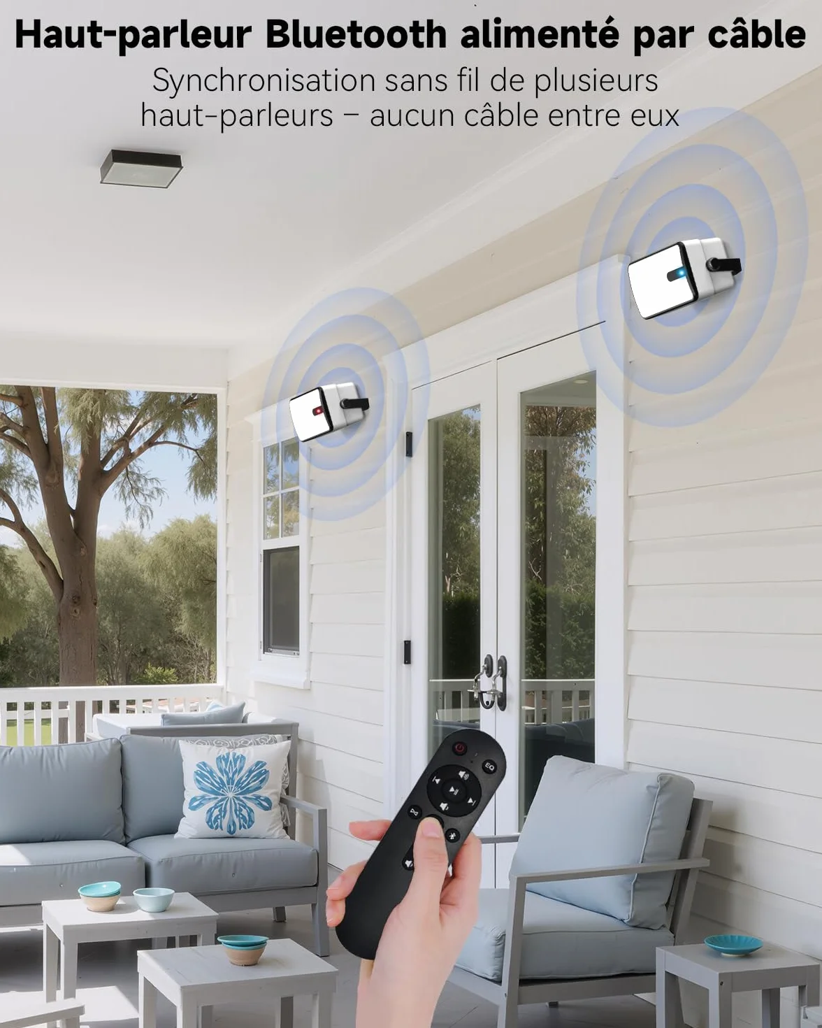 250W Haut-parleurs Bluetooth Extérieurs, Synchronisation sans Fil Entre Haut-parleurs, Montage Murale pour Terrasse, Véranda, Gazebo, Garage, Pack de 2 (MZ-632)