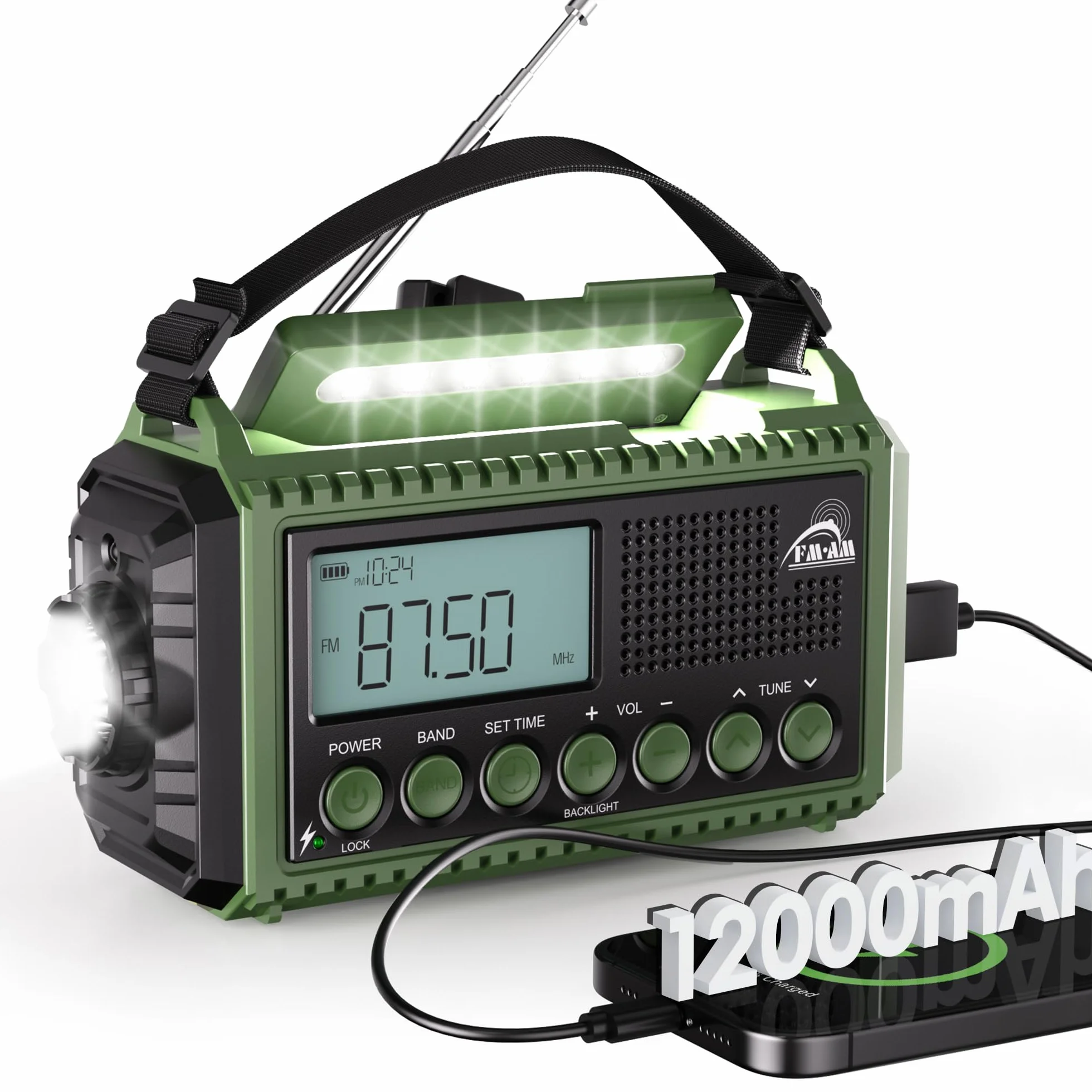 Radio à Manivelle AM/FM/SW 12000mAh, Portable Camping avec Lampe de Poche, Radio d'Urgence Type C SOS Dynamo
