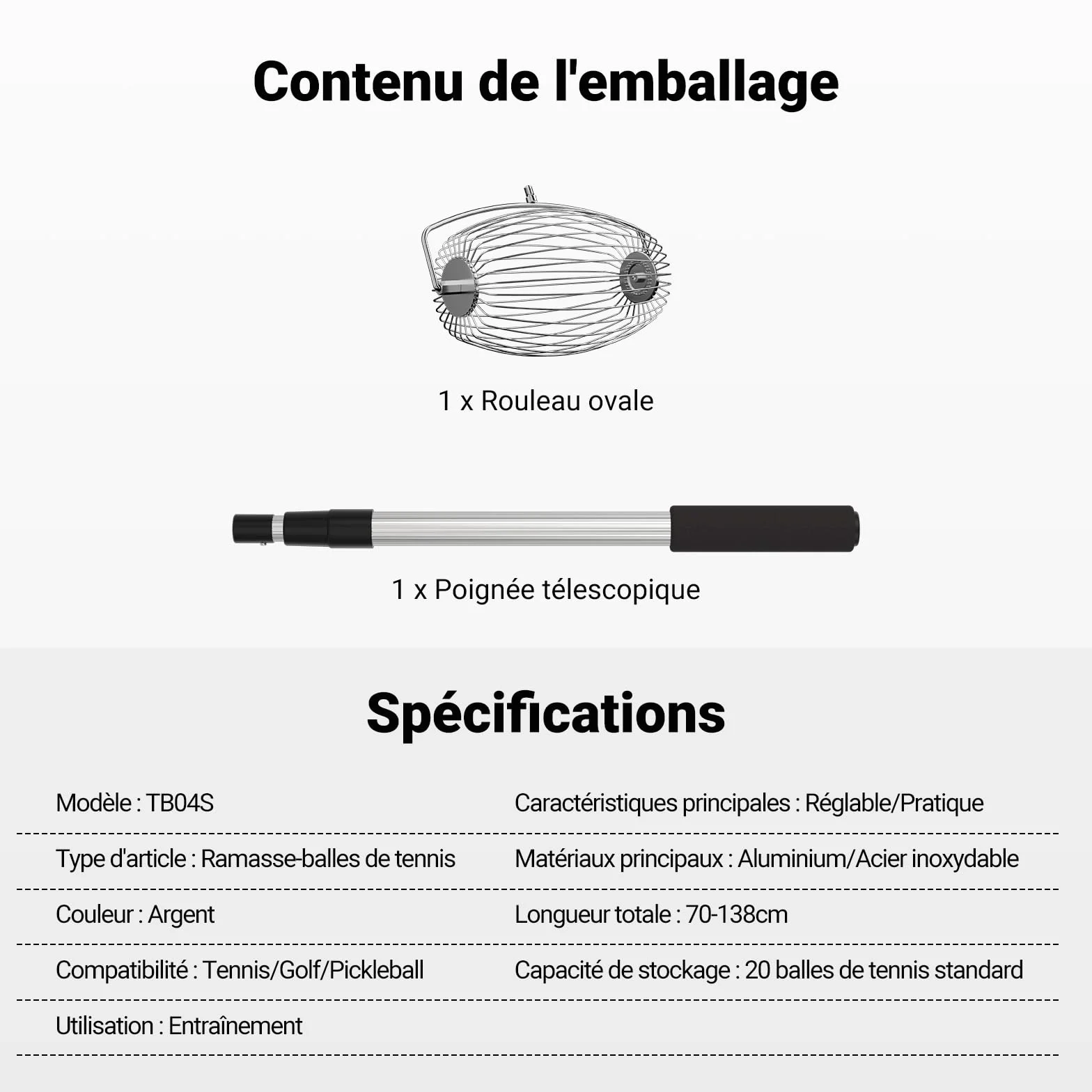 NEEWER BASICS Ramasseur de Balle de Tennis à Trémie Supérieure TB04S 70-138cm Télescopique pour 20 Balles
