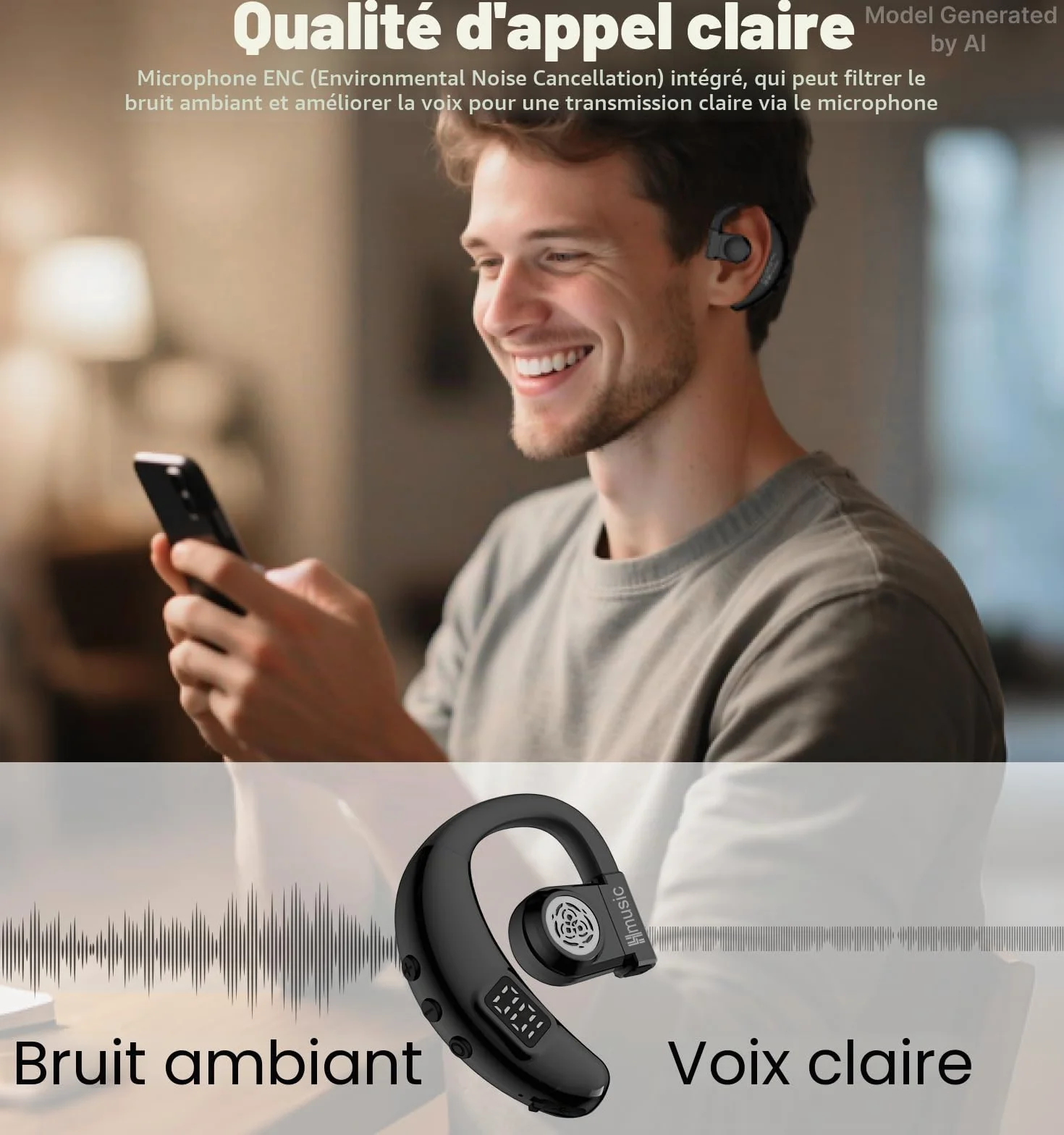 Hmusic Oreillette Bluetooth sans Fil V5.4, IPX5 Étanche, Kit Mains Libres avec 2 Micro Anti-Bruit, 20H d'Autonomie, 18g Ultra-léger, Affichage Numérique LED, pour Conduite, Bureau, Affaires