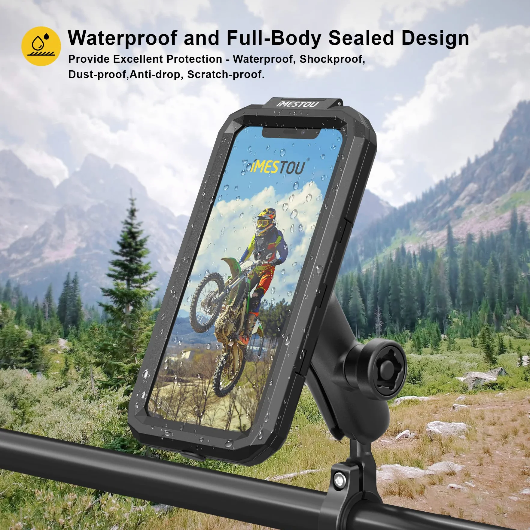 iMESTOU Titulaire de Téléphone de Moto Anti-vol Imperméable - Montage de Téléphone à Vélos avec 1 Pouce de Rotation à Billes de Guidon en Aluminium 720 ° pour 5,5 "-6,8" Cell Phone (L)