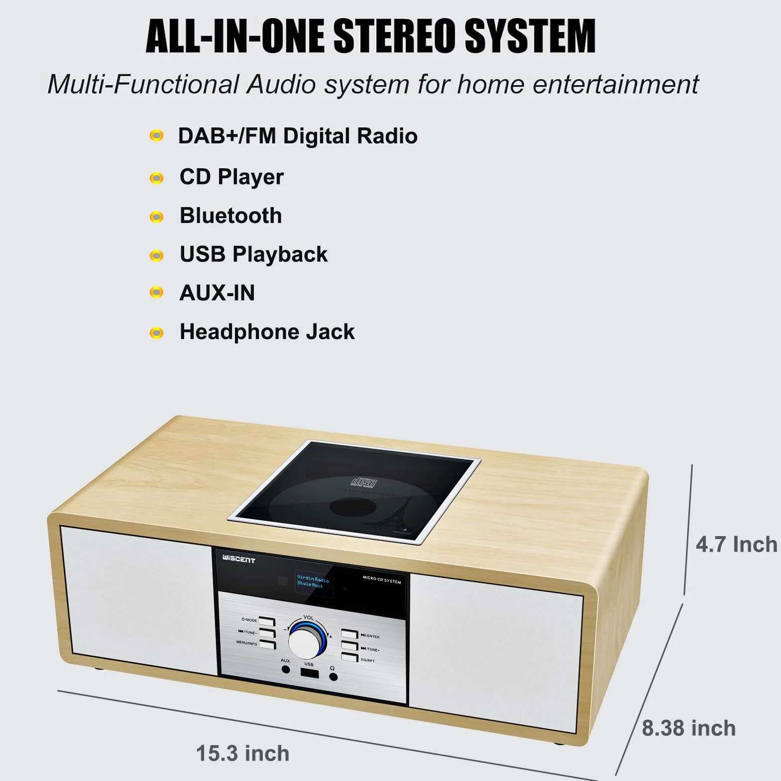Chaine Hi-Fi Radio DAB+ Lecteur CD Bluetooth FM USB 30W Télécommande Design Rétro
