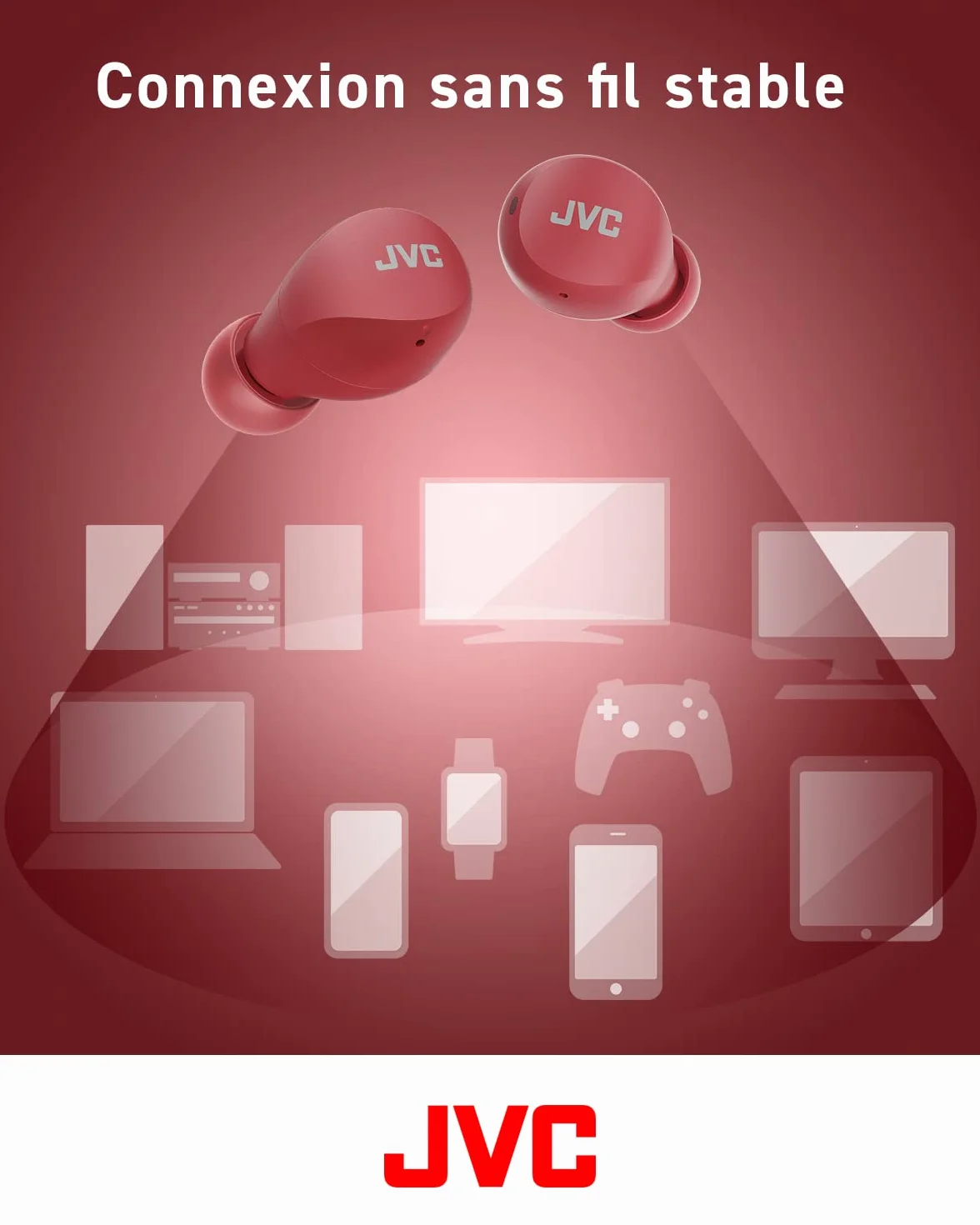 JVC Mini casque sans fil Gumy - Casque Bluetooth (5.1) petit et léger, avec 3 modes audio, résistance à l'eau (IPX4) et batterie 23 heures. Écouteurs pour le sport et la maison - HA-Z66T-R