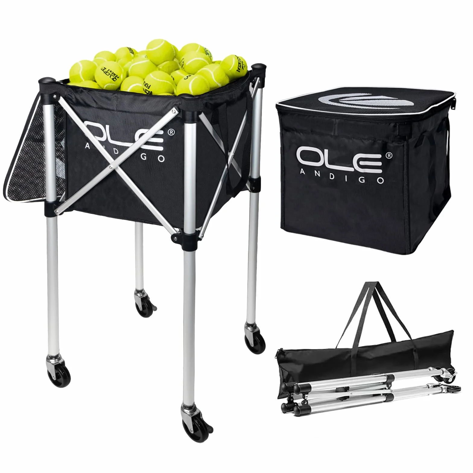 Tennis Ball Hopper Basket 160 Balls with Side Pockets Lightweight Cart Wheels
