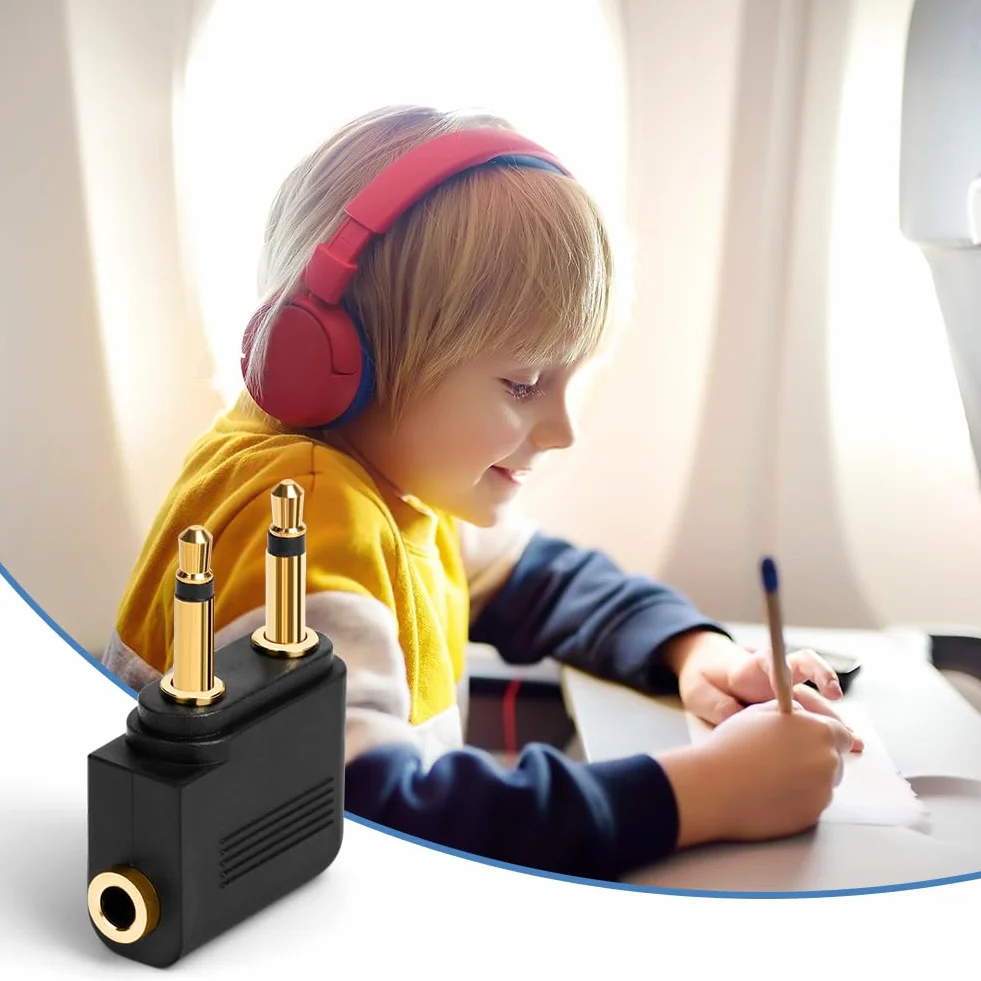 Adaptateurs pour Casque d’Avion Plaqué Or, Lot de 2, 3,5 mm Femelle AUX Audio Jack, Double Jack Adaptateurs Airline
