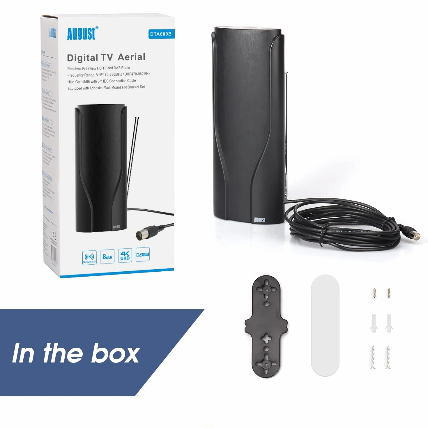 August DTA600 - Antenne TV Intérieur Puissante TNT HD - France Belgique, Portable, Télescopique, 360 Haut Gain DVB-T / T2 UHF VHF, Télévision Numérique Digital - 5m de câble Maison Universel - Noir