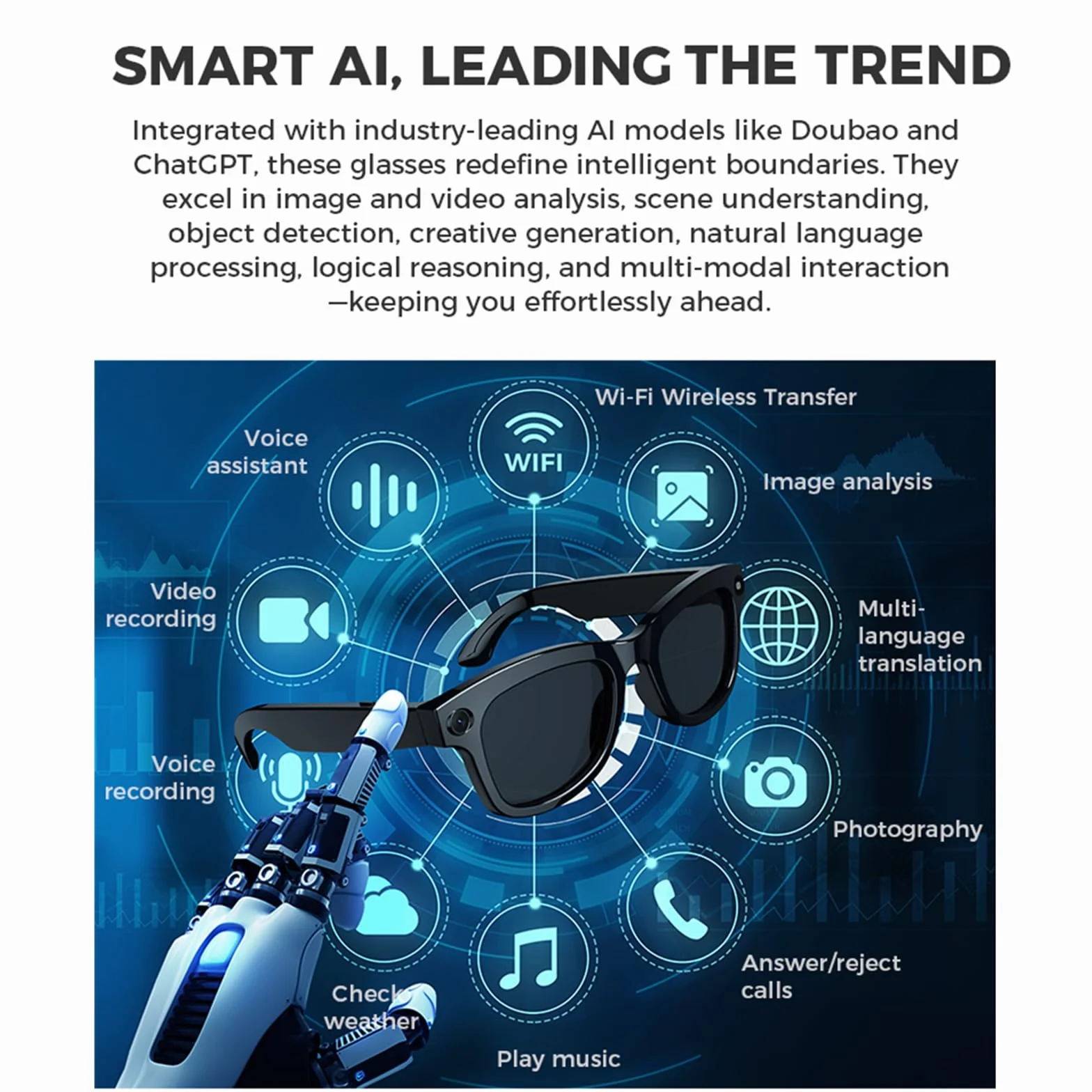 Lunettes connectées IA avec caméra, ChatGPT intégré,traduction,commande vocale,Wi-Fi 4.0,Bluetooth 5.3,prise de vue HD, lunettes de soleil intelligentes pour les voyages,la musique et les appels,B