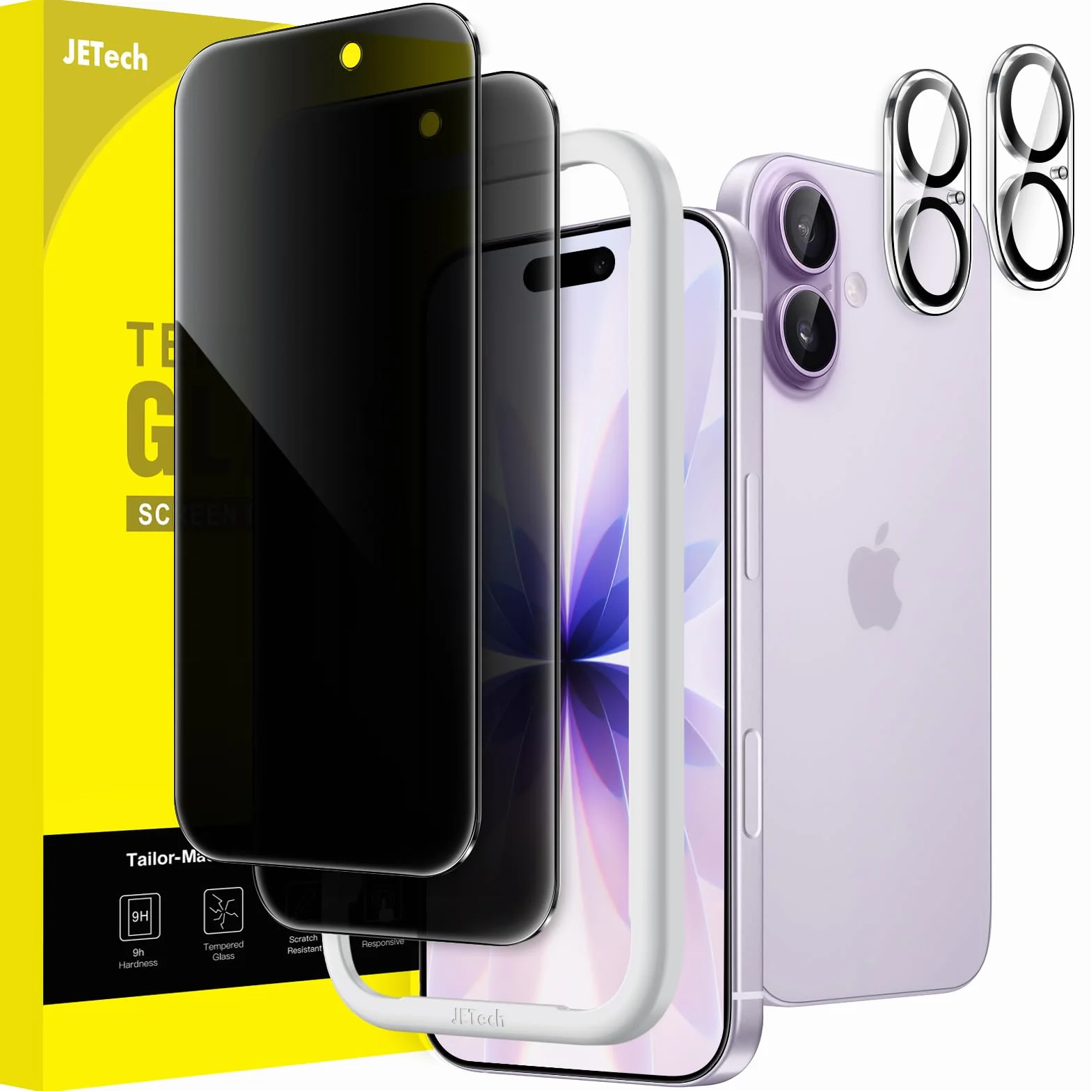 JETech Protection D'écran Anti-Espion pour iPhone 17 6,3 Pouces avec Protecteur d'objectif Caméra, Film en Verre Trempé, Outil d'Installation Facile, Lot de 2 Chacun