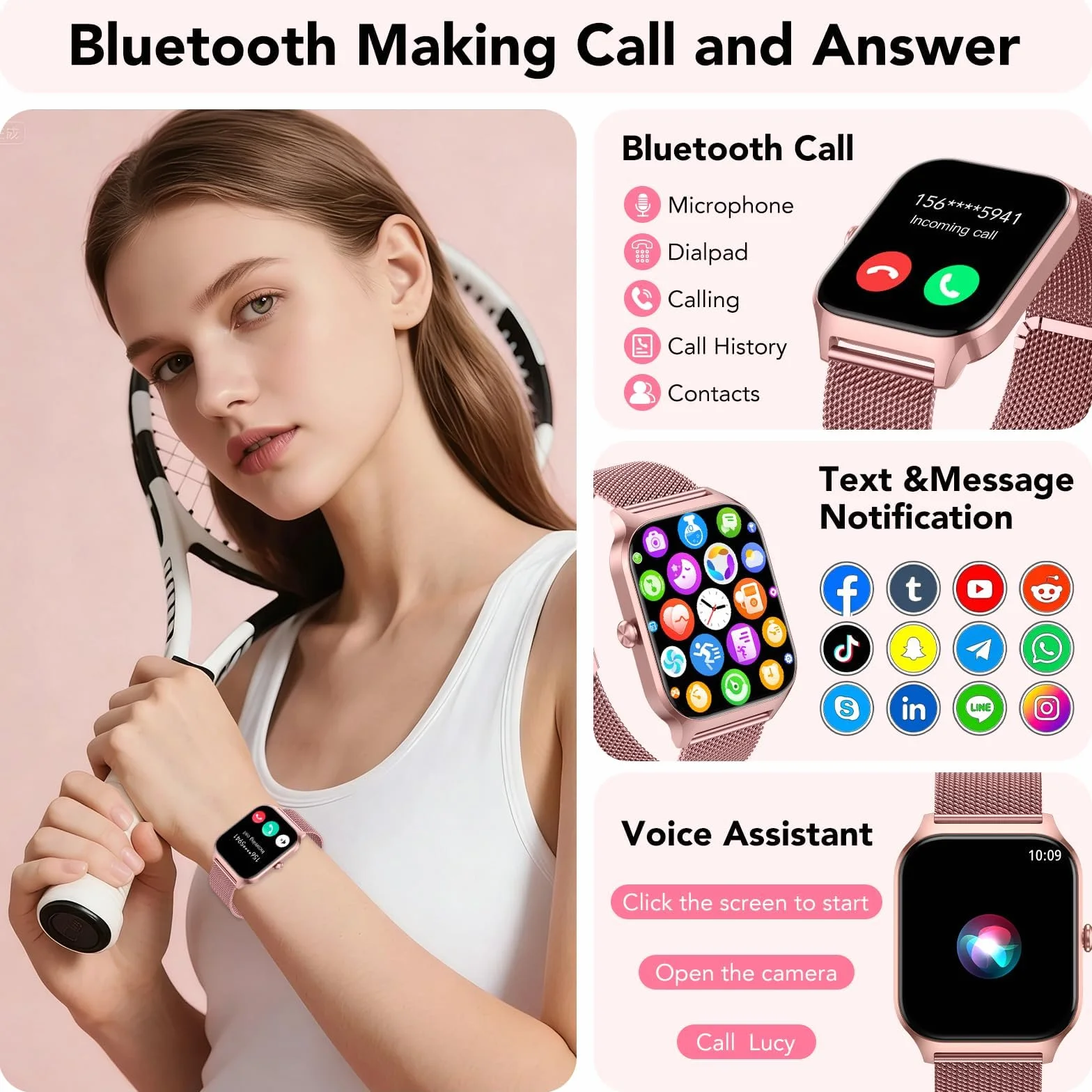 CASCHO Montre Connectée Femme avec Appel Bluetooth, 1.85"HD Smartwatch Femme avec Fréquence Cardiaque/Sommeil/SpO2, IP68 Étanche Fitness Tracker avec 120+ Modes Sportifs, pour Android iOS - Doré rose