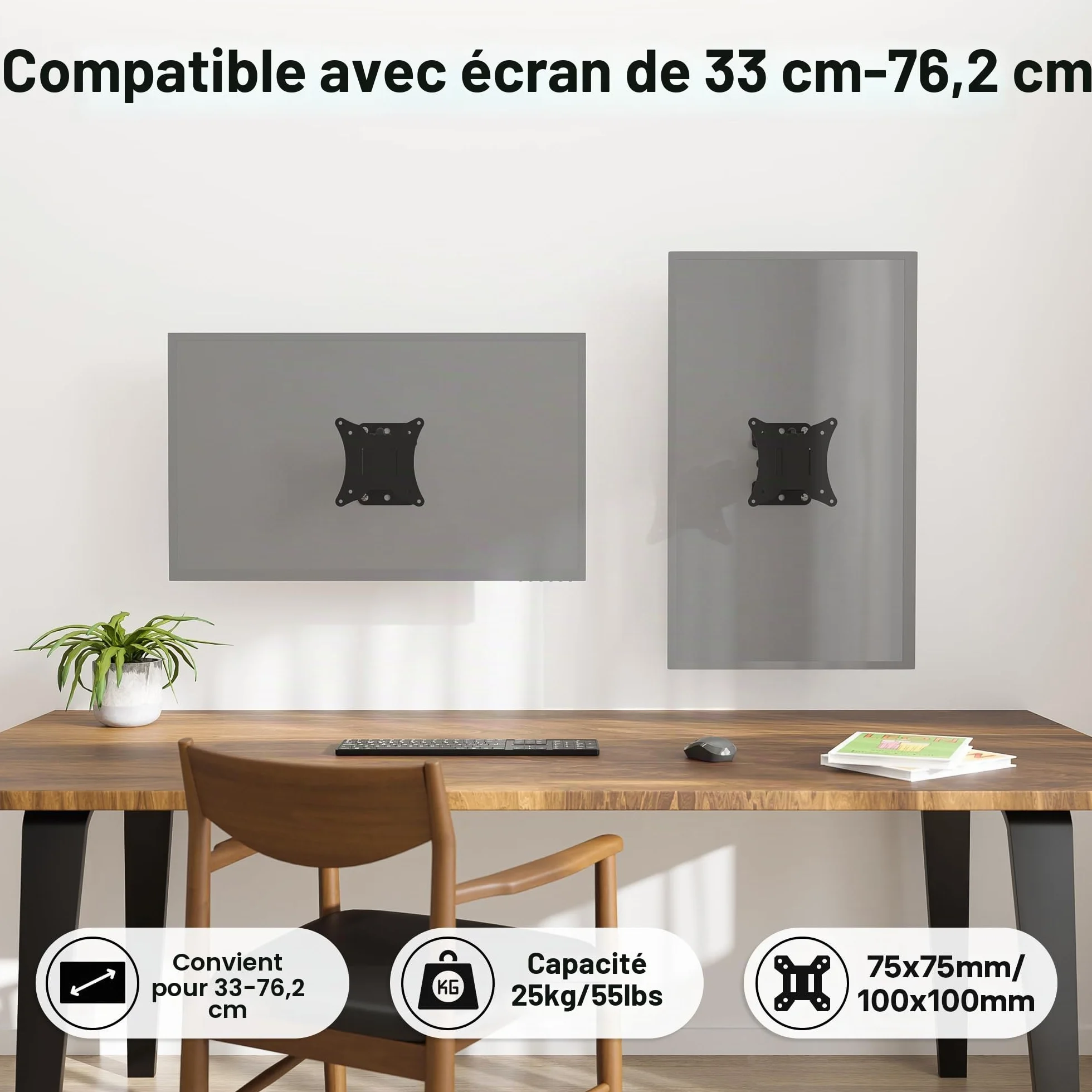BONTEC Support TV Mural Inclinable et Orientable, Fixation Universelle pour Télévision et Moniteur Plat/Incurvé 13-30 Pouces, VESA 75x75/100x100mm, Charge Max 25kg, Rotation 360°