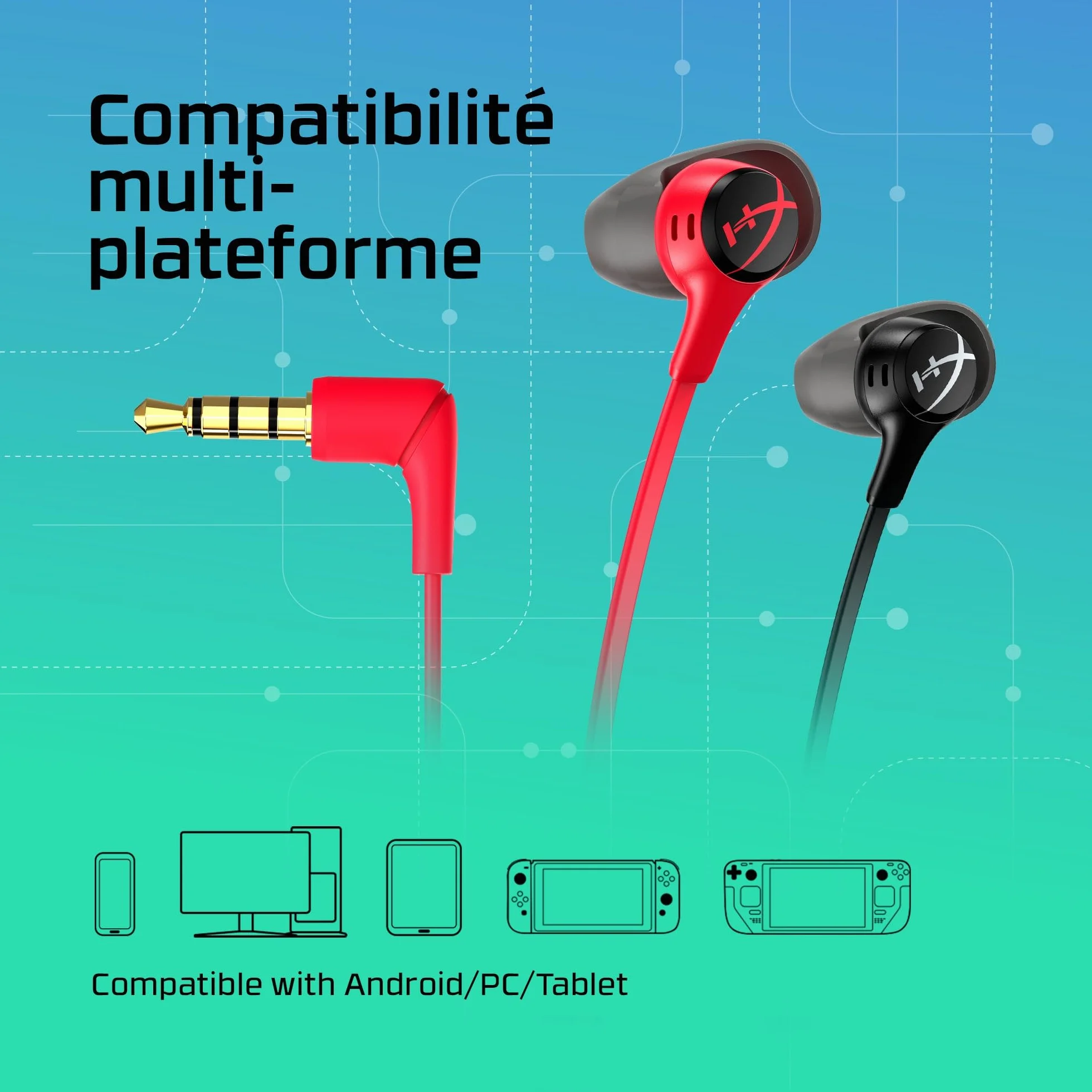 HyperX Cloud Earbuds II Écouteurs Gaming, Audio Immersif, Microphone Intégré, Prise Jack 3.5mm Coudée, Quatre Tailles d'Embouts, Pochette de Transport, Rouge