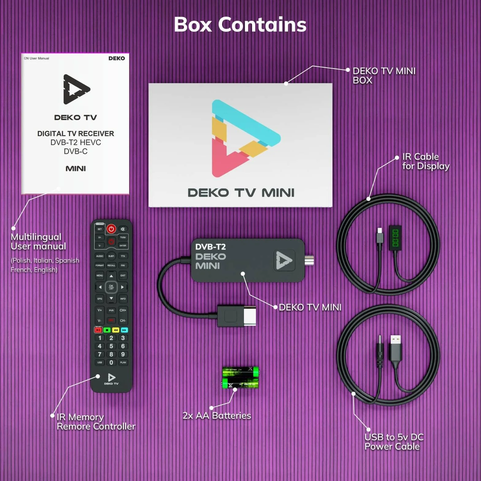 DEKO Boitier TNT HD DVB-T2 HEVC Stick HDMI USB 10 Bit WiFi Multimédia PVR 2in1