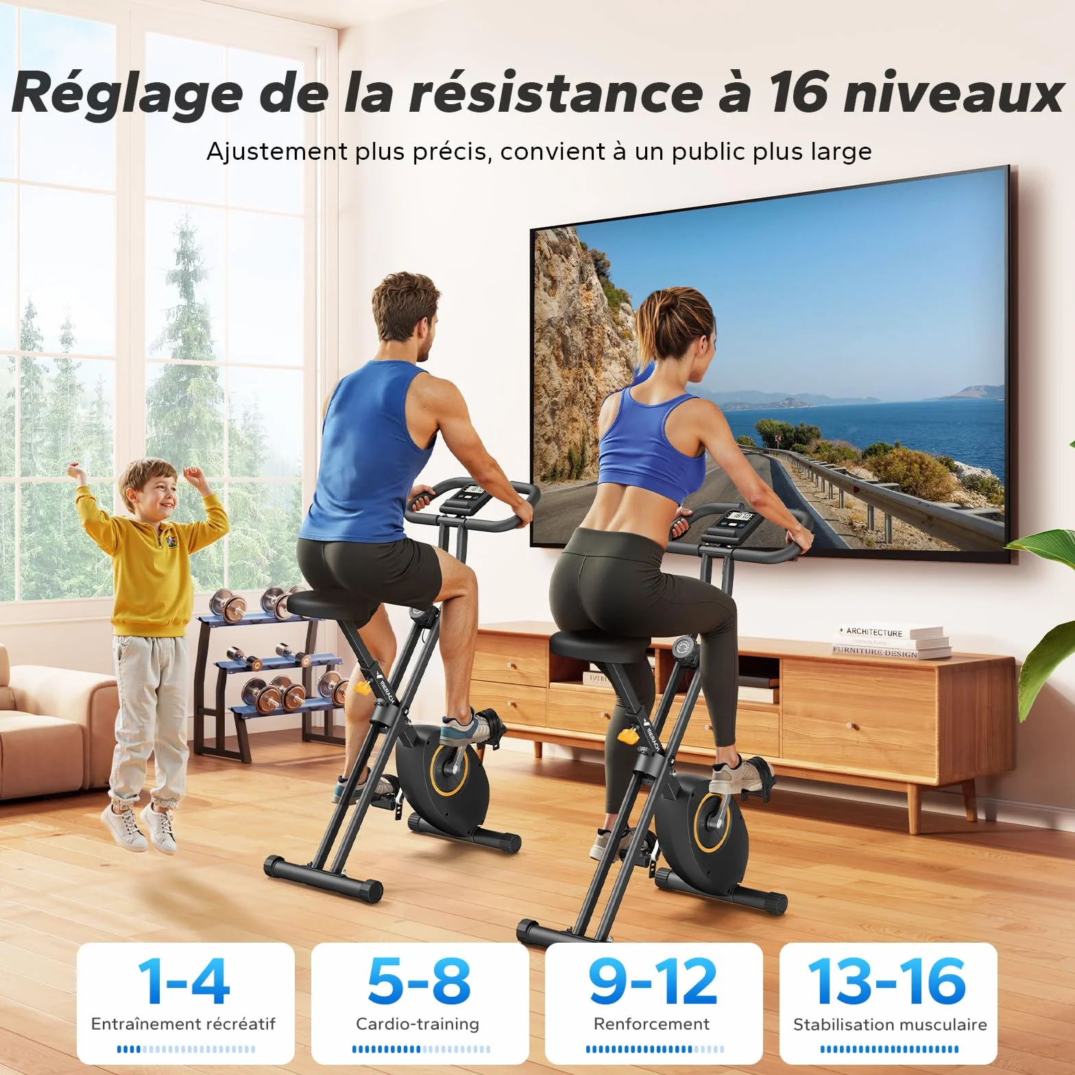 MERACH Vélo d’Appartement Pliable Magnétique avec Écran LCD, Capacité 136KG