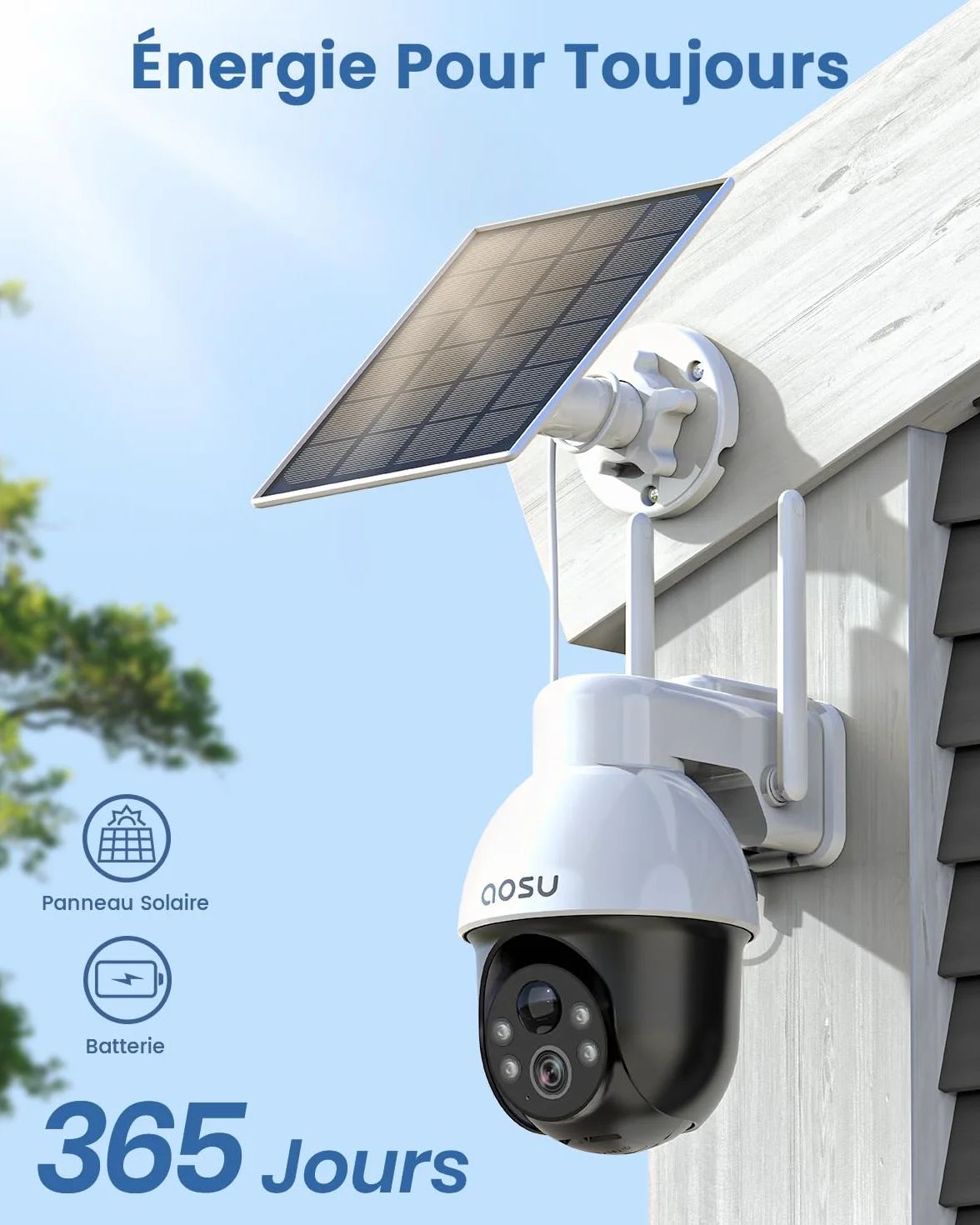 AOSU 3K Caméra Surveillance WiFi Extérieure sans Fil 5MP Solaire 360° PTZ Suivi Automatique Détection IA Personne/Véhicule Vision Nocturne Couleurs Alarme Lumineuse/Sonore 2 Pièces