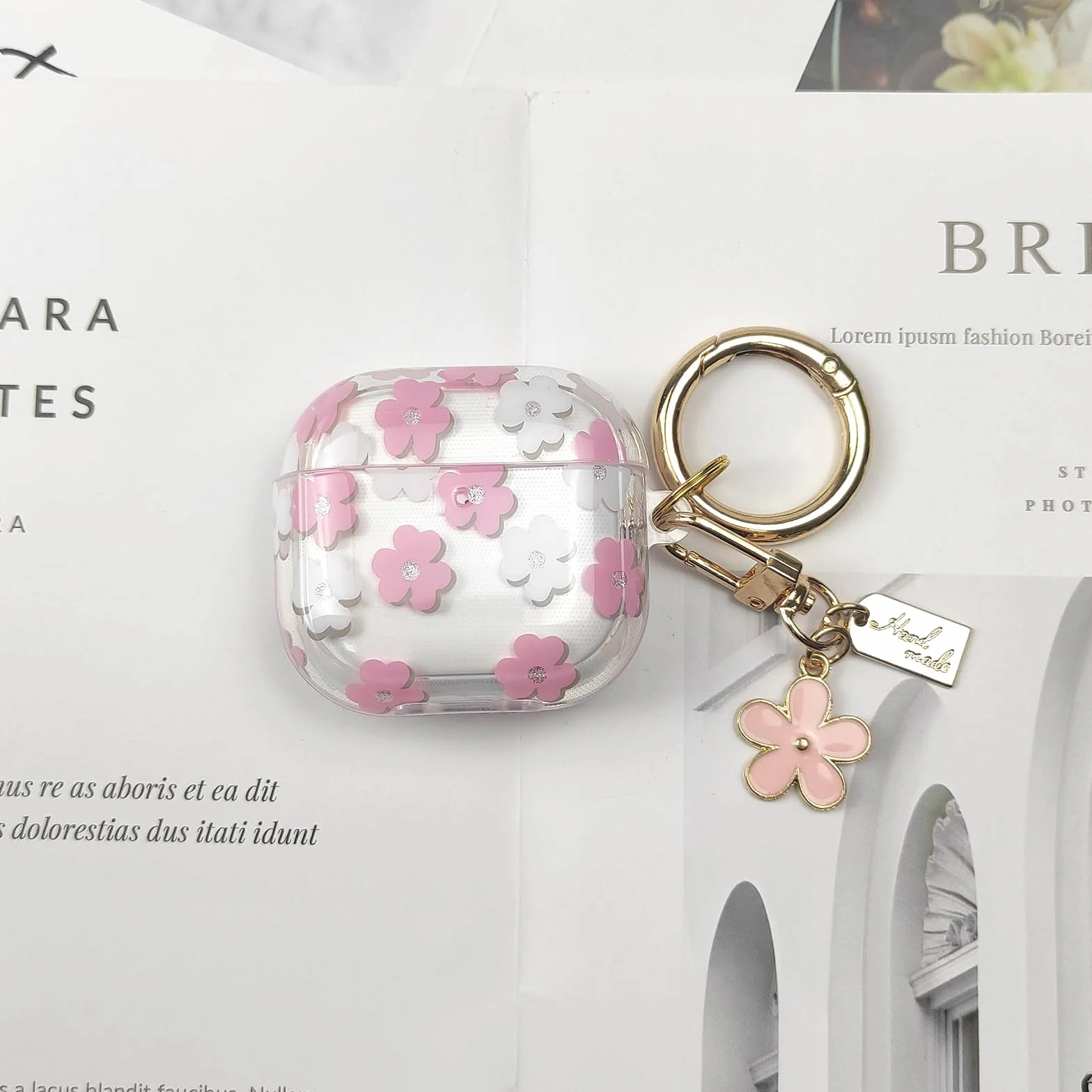 Coque AirPods 4 2024 TPU Souple Motif Floral avec Porte-clés et Kit de Nettoyage Rose