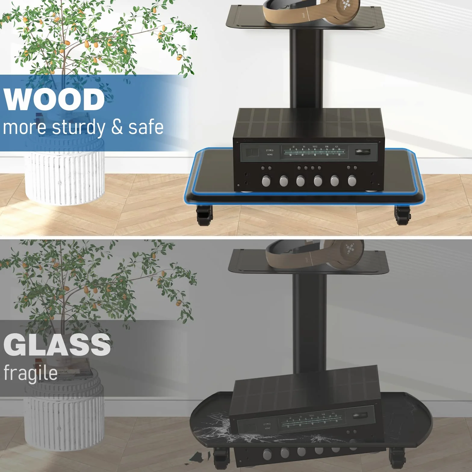 RFIVER Support TV Roulette avec Support Cantilever pour Ecran de Télé de 26 à 70 Pouces LED LCD Plasma Chariot Meuble TV Pied Universel Pivotant Réglable en Hauteur avec 2 Étagères