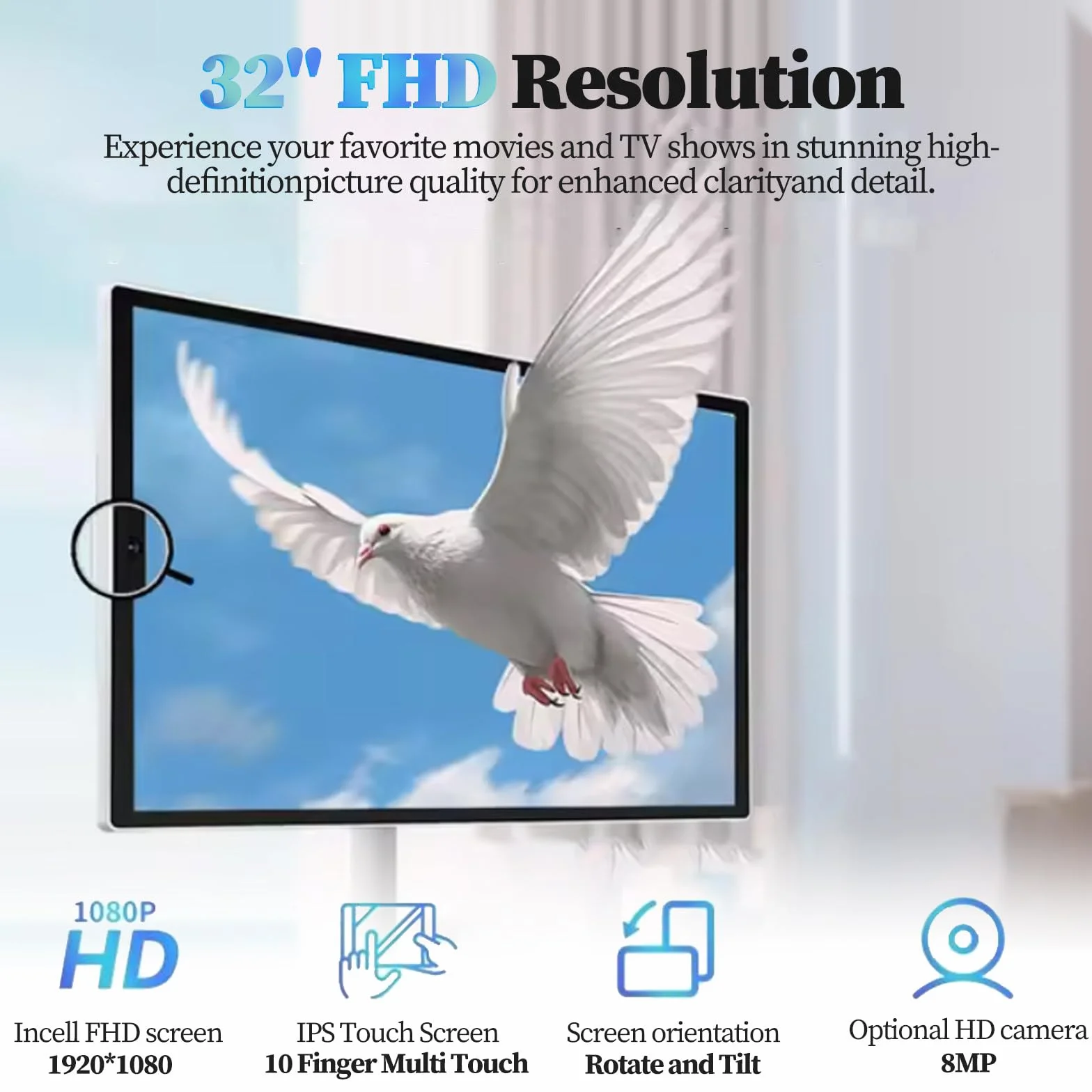 Téléviseur Portable 32 Pouces - écran Tactile 1080p sur roulettes avec Caméra 8 Mpx, Stockage 8 Go + 128 Go, Batterie 10 000 Mah, Tablette TV Rotative avec Télécommande 32inch-6+64G