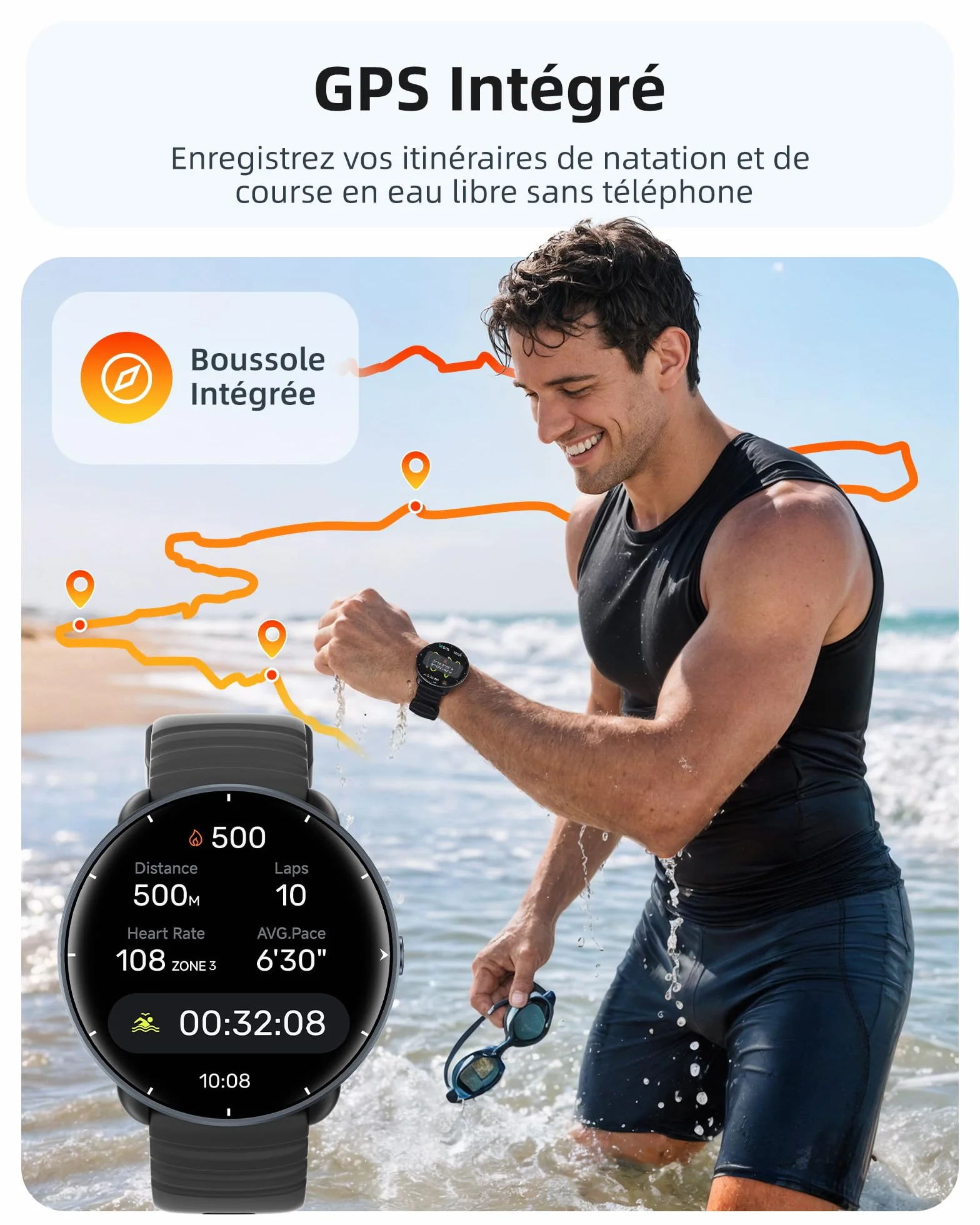 Parsonver Montre Connectée avec GPS Intégré, 5ATM Étanche Smartwatch Natation pour Piscine/Eau Libre, Montre Connecté avec AMOLED Écran, 100+ Sports,Fréquence Cardiaque,Sommeil (Noir, 42 mm)