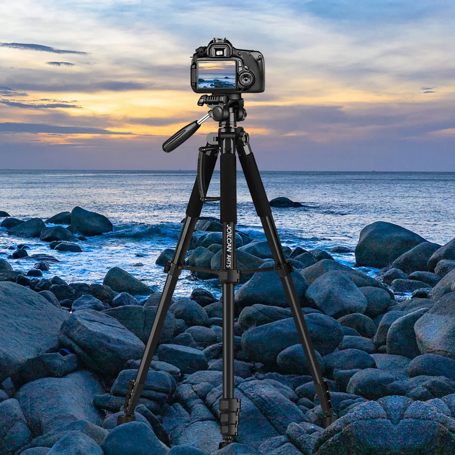 Trépied Appareil Photo pour Smartphone 187cm, JOILCAN Trépied Caméra avec Tête Pan Amovible à 3 Voies, Aluminium Portable Trepied pour Nikon Canon Sony DSLR, Téléphone Support pour iPhone (Noir)
