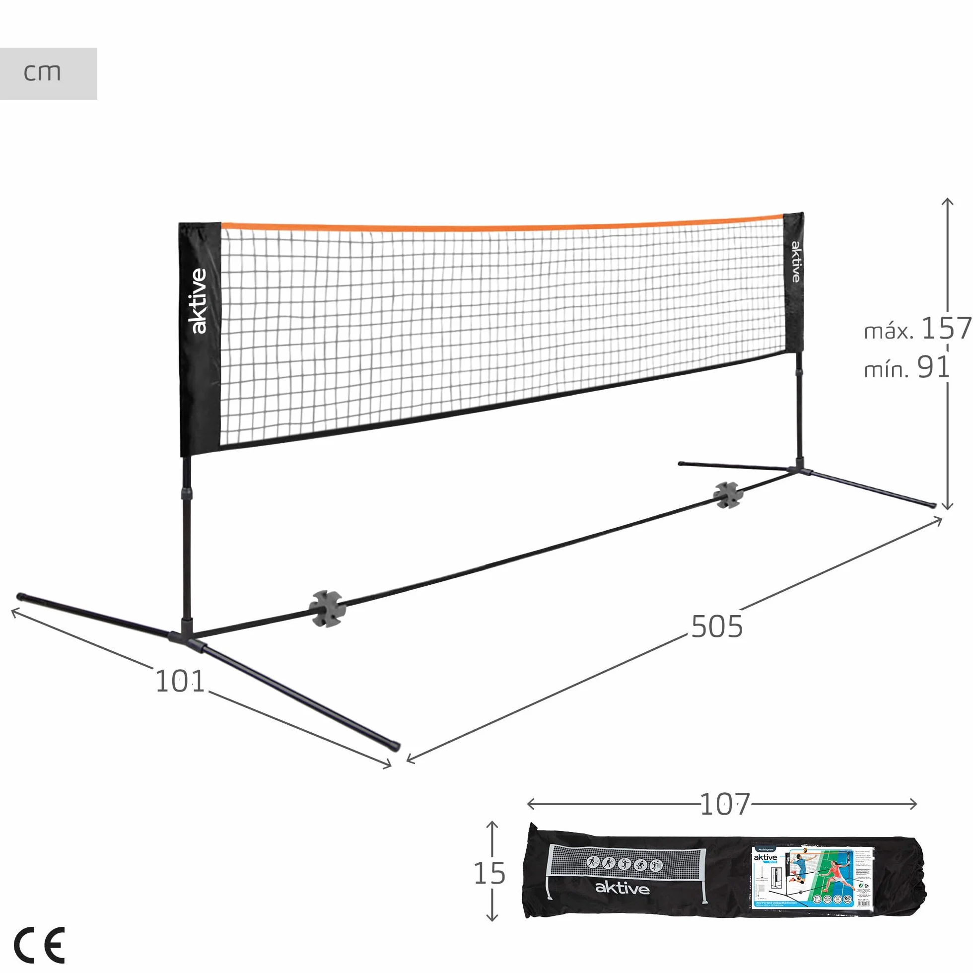 AKTIVE Filet de Volley-Ball et Badminton Réglable 505x101x157 cm avec Sac de Transport