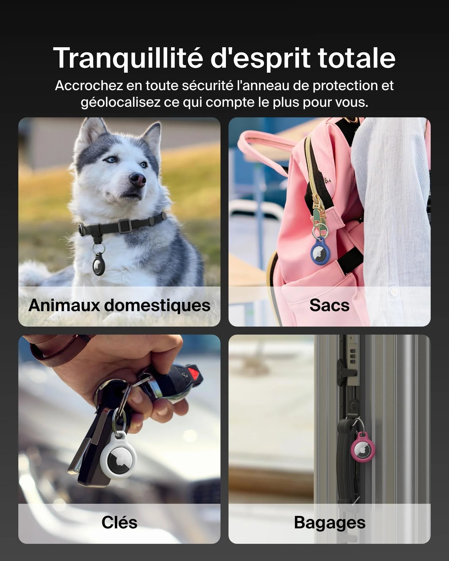 Belkin Anneau de protection avec attache en métal (protection pour AirTag, accessoire résistant aux rayures, Noir)