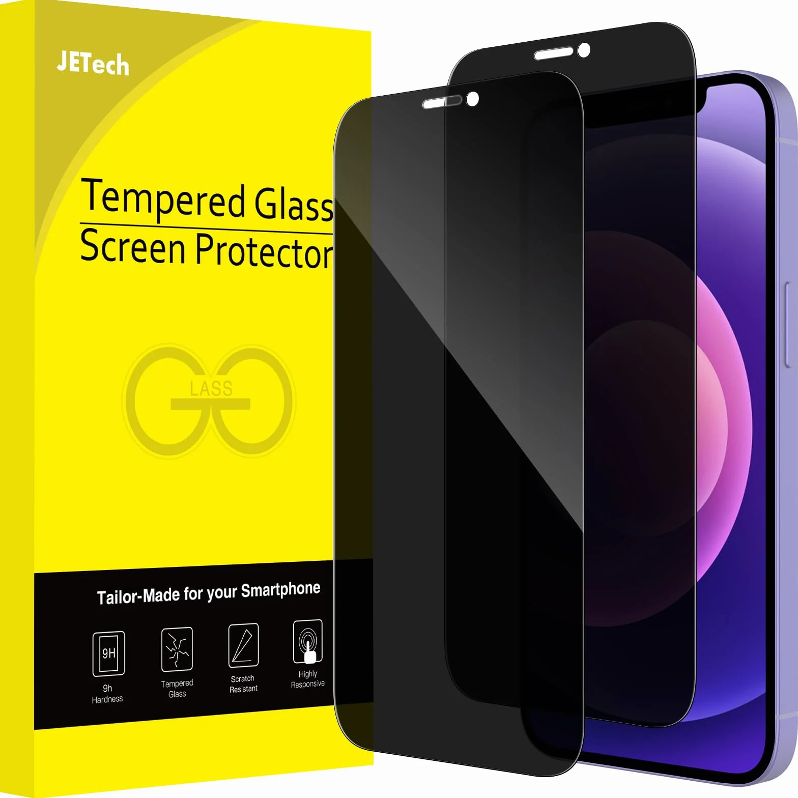 JETech Protection d'Écran Anti-Espion pour iPhone 12 et iPhone 12 Pro 6,1 Pouces, Couverture Complète Film en Verre Trempé, Compatible Coque, Lot de 2
