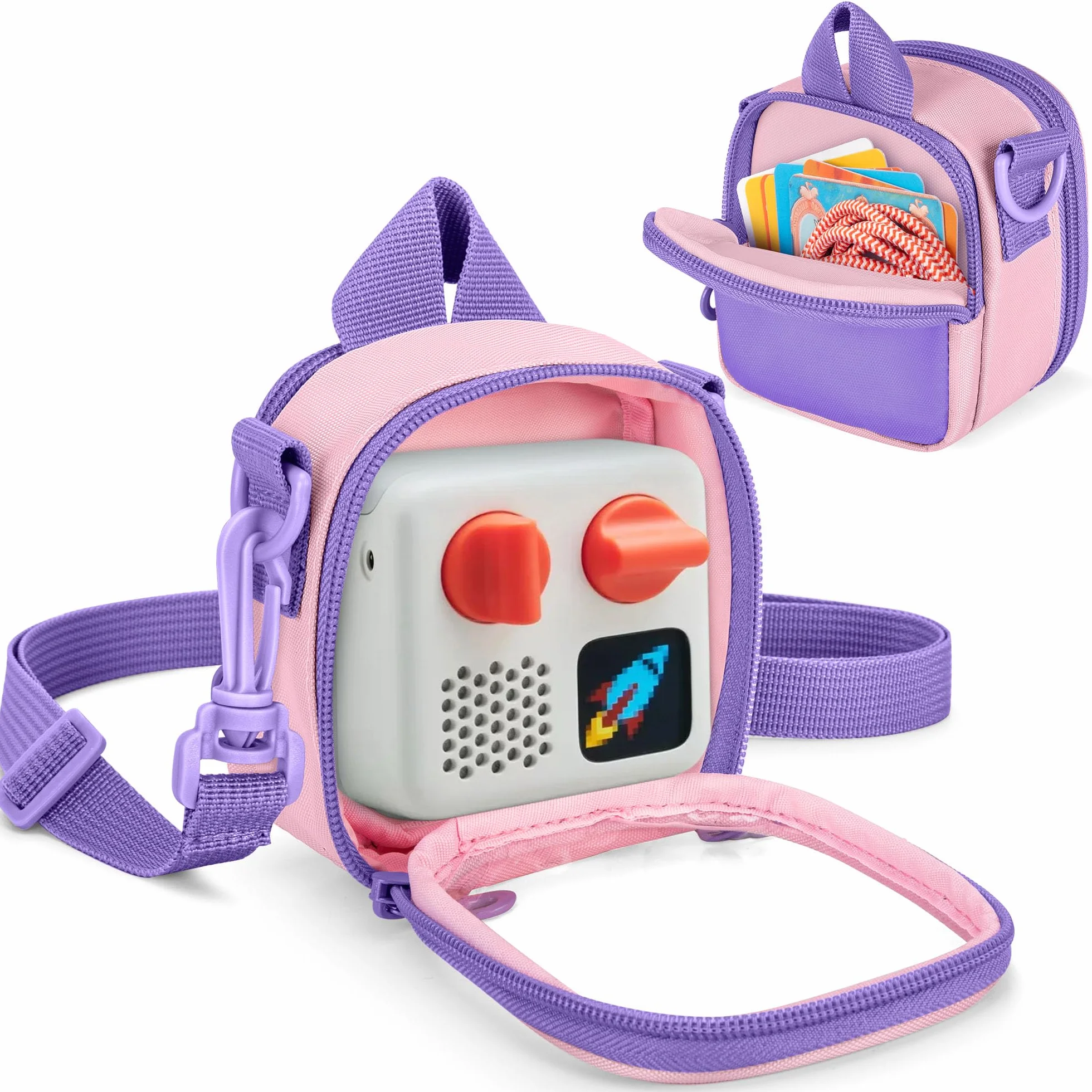 LoDrid Étui de Transport Compatible avec Yoto Mini (édition 2024), Sac de Rangement Portable pour Lecteur Audio avec bandoulière Amovible, Poche arrière pour Cartes ou Accessoires, Violet