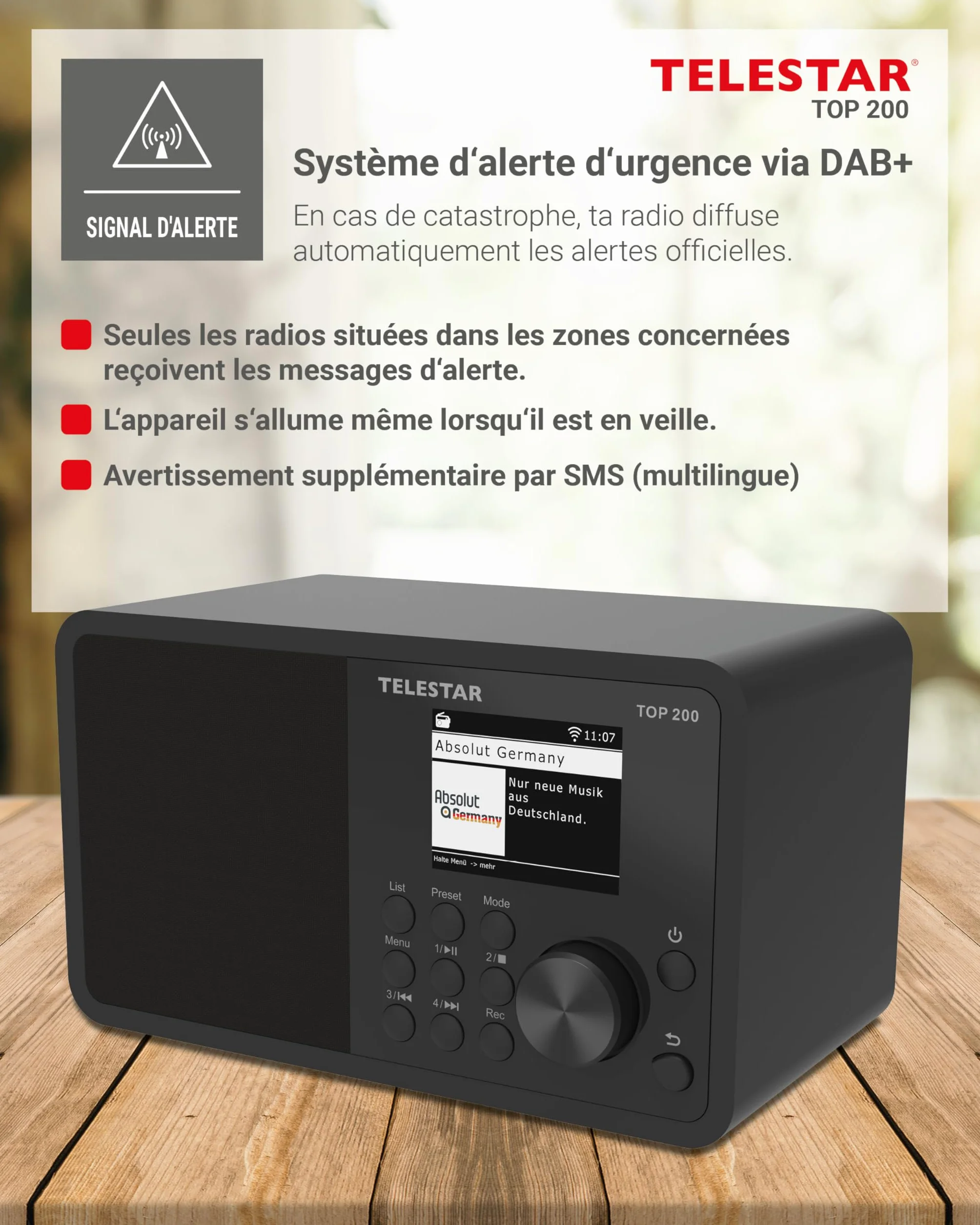 TELESTAR Top 200 – Radio Dab Plus -Internet (Mono, 10 W, Bluetooth Audio-Streaming & Fonction émetteur, Enregistrement USB, système d’Alerte d’Urgence, contrôle Via Application) – Noir
